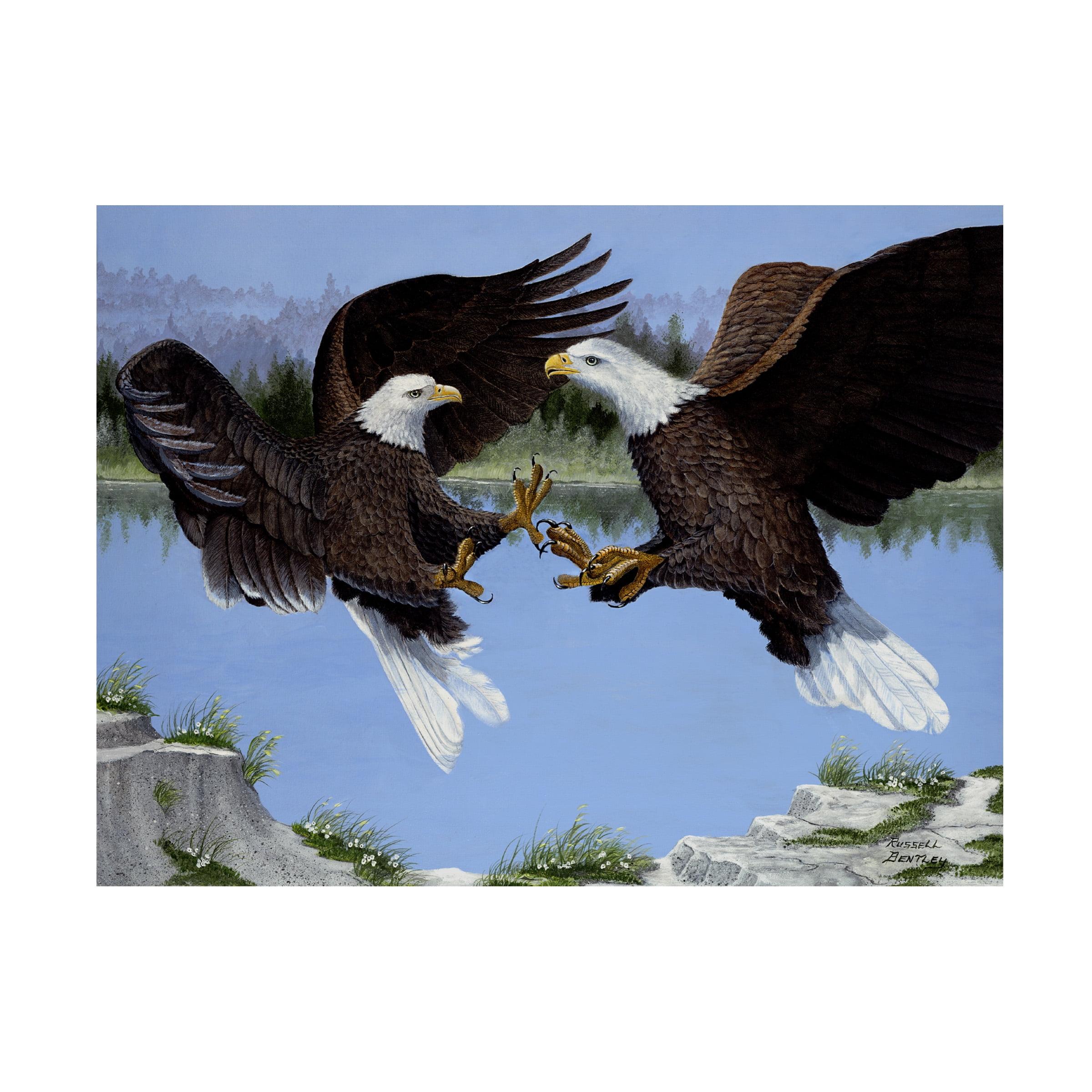 Contemporary Light Blue and Brown Bald Eagles Canvas Art