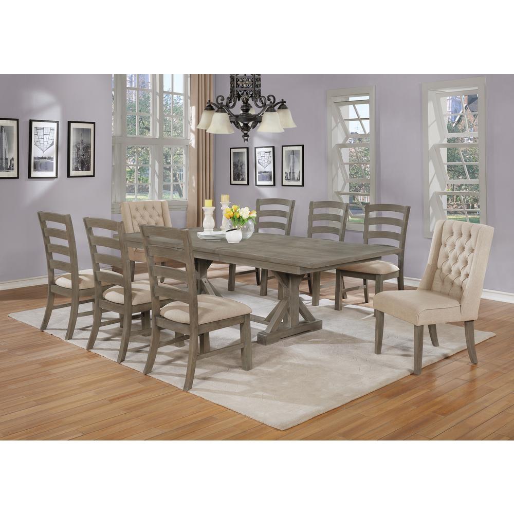 Rustic 9-Piece Beige Linen and Wood Dining Set