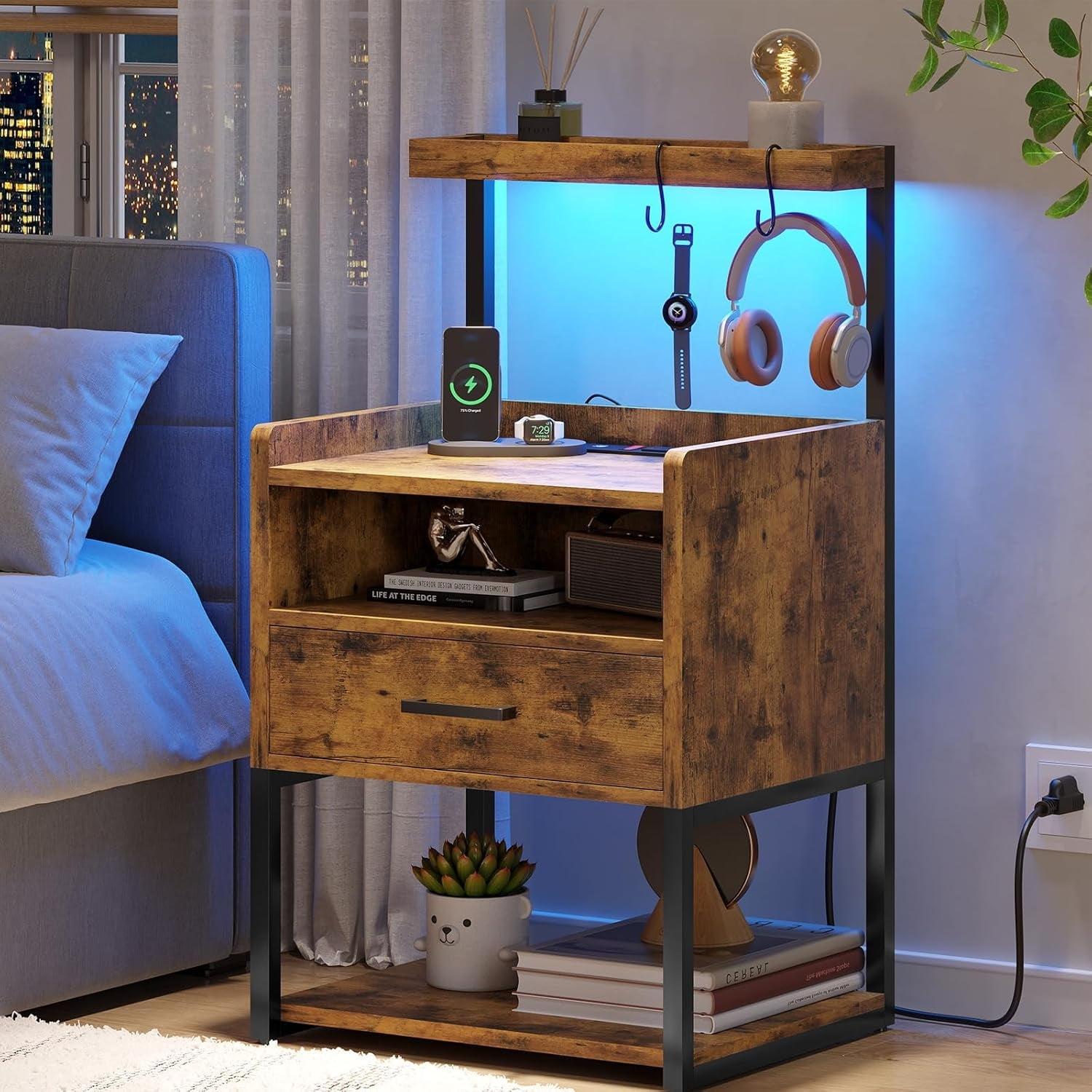 Brown LED Night Stand with Charging Station, Modern Bedside Table for Bedroom