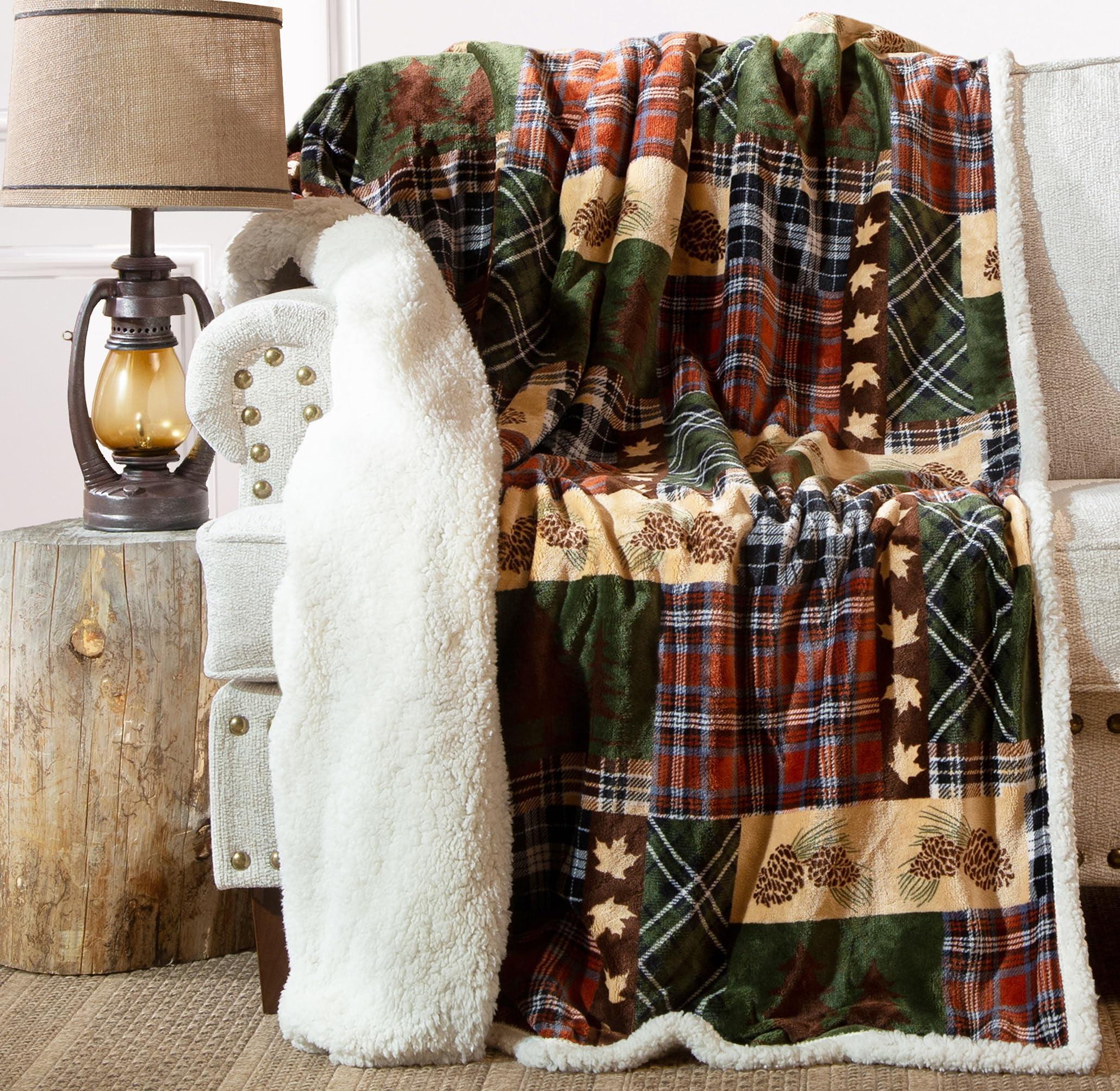 Rustic Tree Plaid Sherpa Fleece Throw Blanket, 54" x 68"