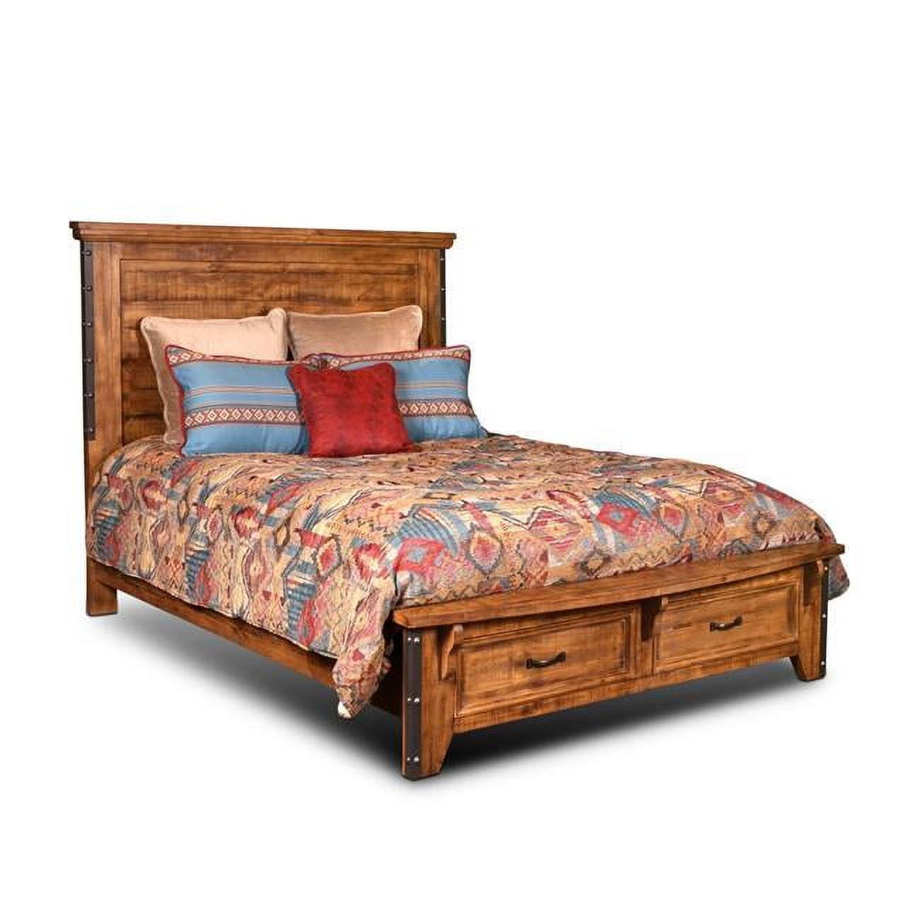 Rustic Pine Queen Bed with Storage Drawers and Nailhead Trim