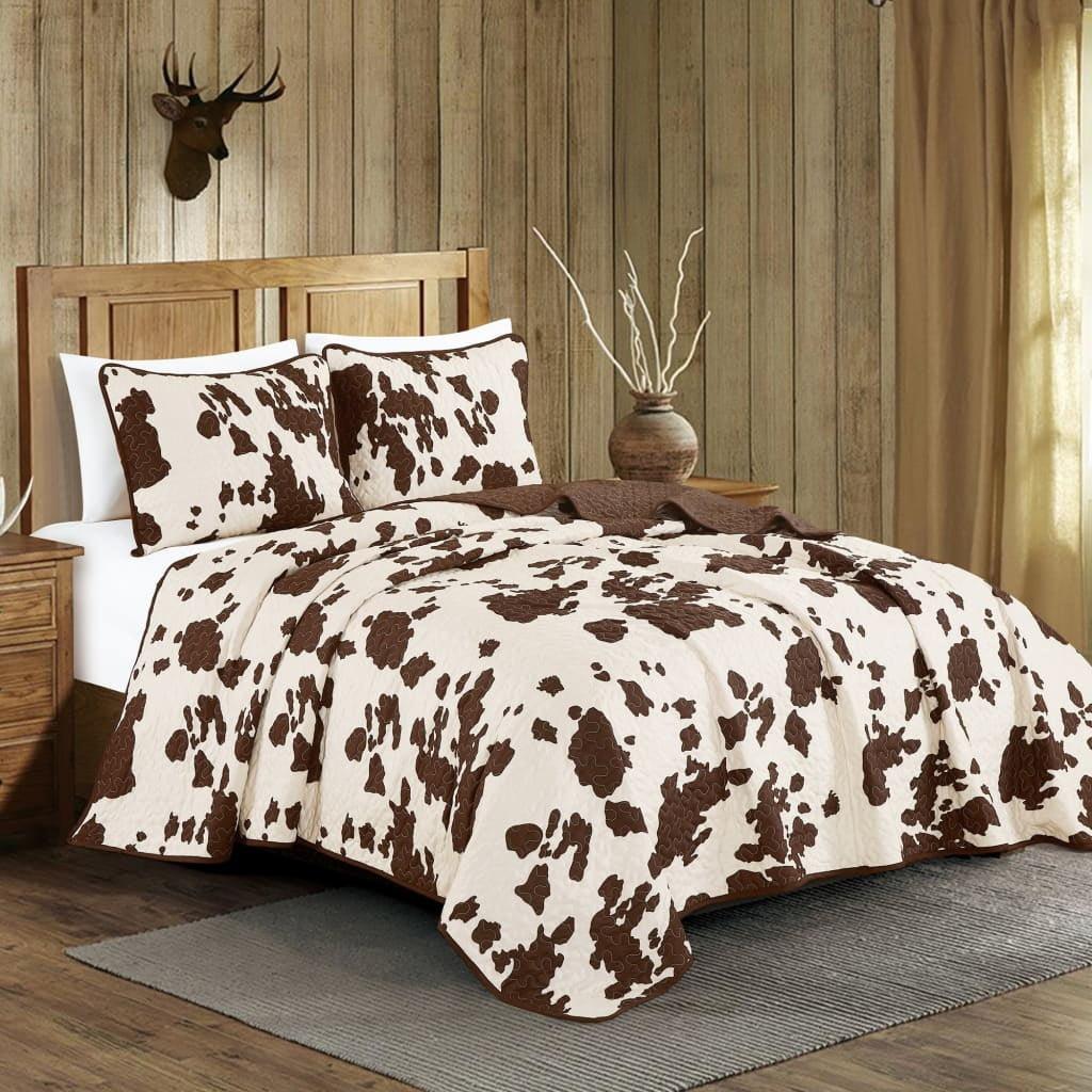 Twin Brown and Off-White Microfiber Cowhide Quilt Set