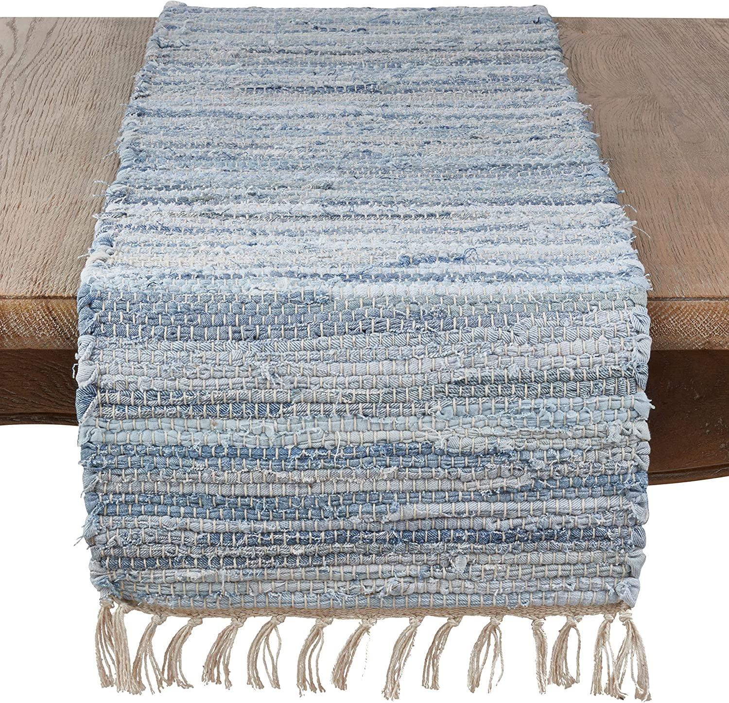 Saro Lifestyle Heavy Table Runner With Denim Chindi Design