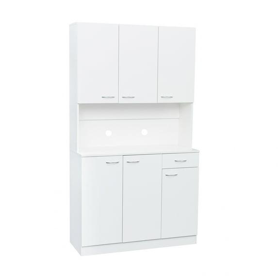 Rustic Farmhouse Tall Wardrobe, Armoire with Shelves, Open Compartment and Drawer, Freestanding Storage Closet Wardrobe Cabinet White