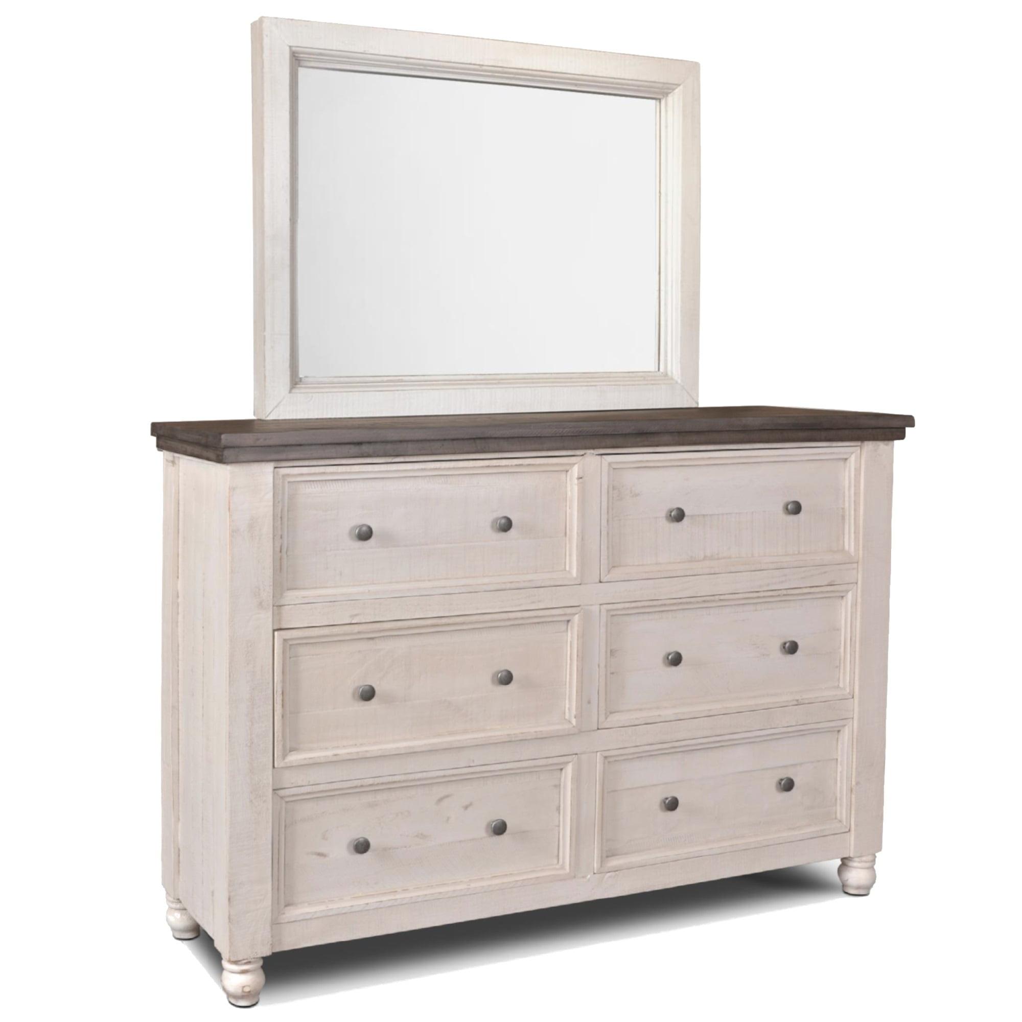 Rustic French 6-Drawer Double Dresser with Mirror in Distressed White and Brown