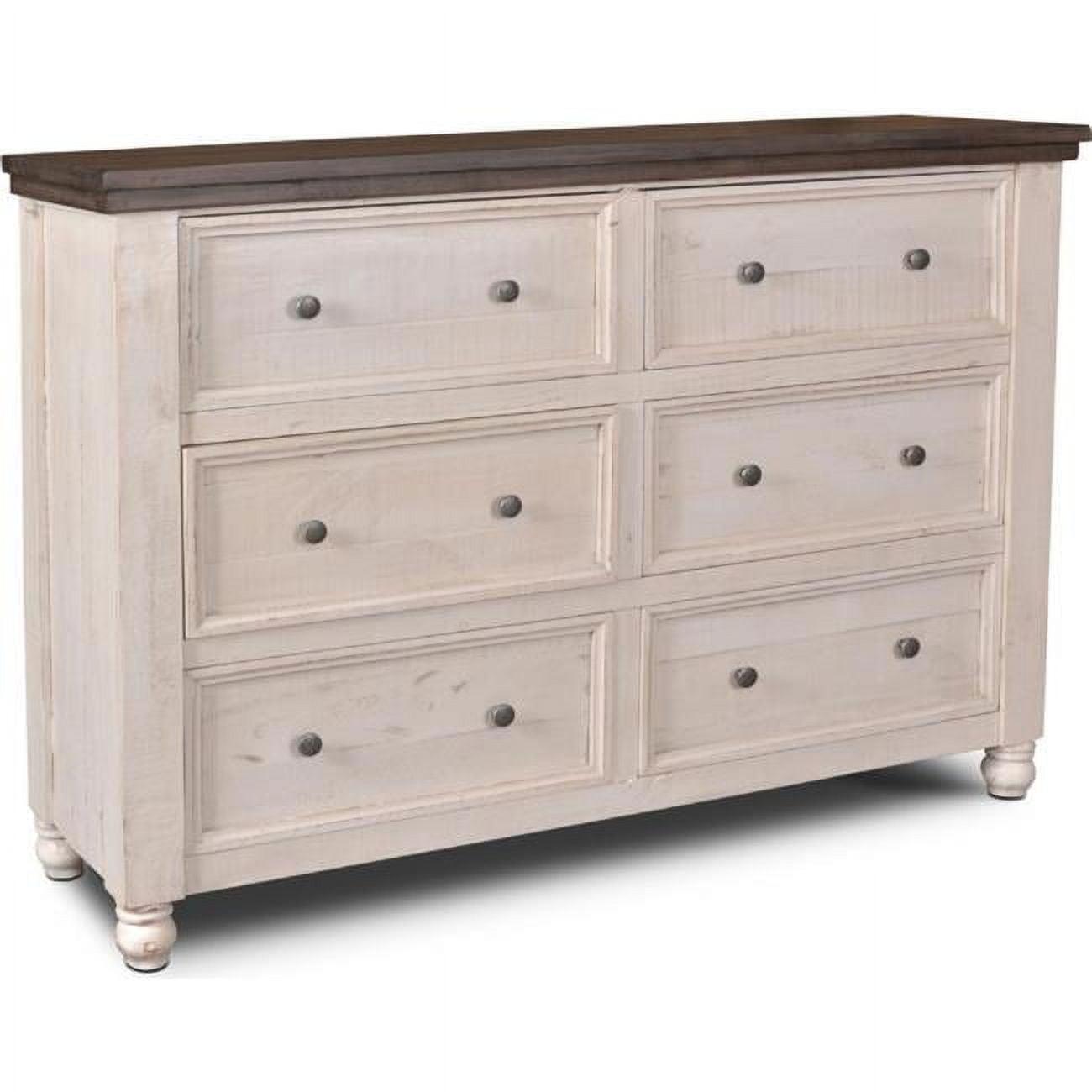 Rustic French Coastal 6-Drawer Double Dresser in Distressed White & Brown