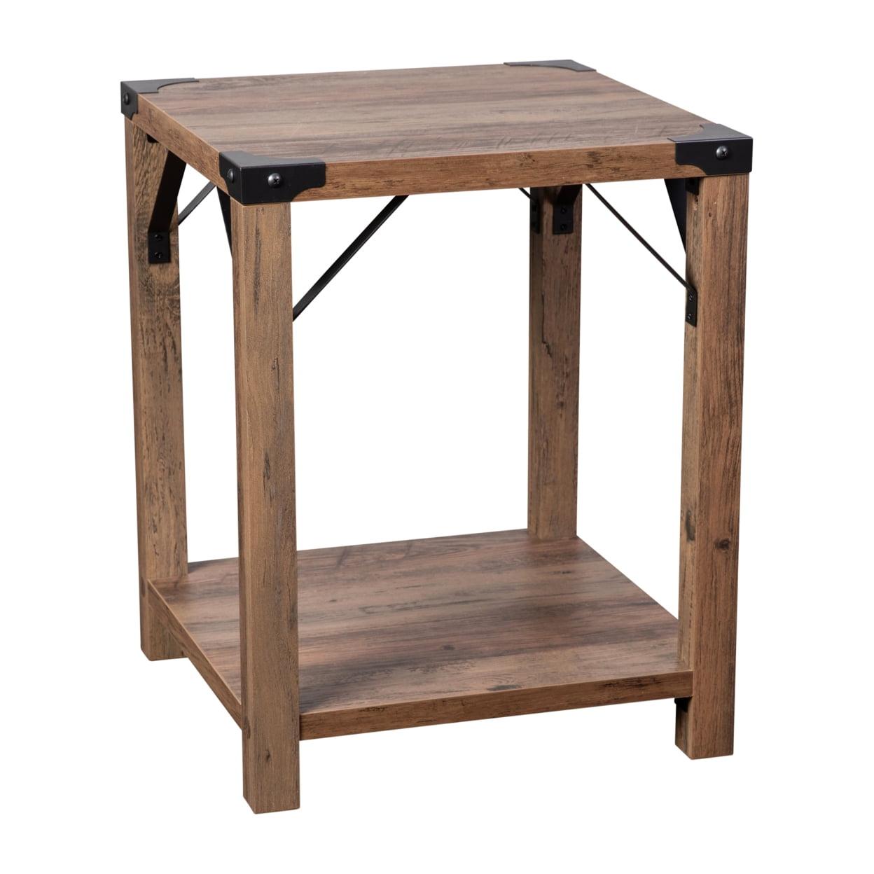 Flash Furniture Wyatt Modern Farmhouse Wooden 2 Tier End Table with Metal Corner Accents and Cross Bracing