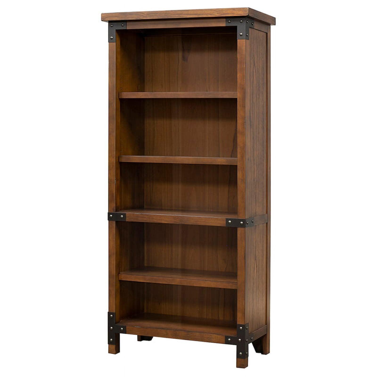 Adjustable Brown Wood Bookcase with Black Iron Accents