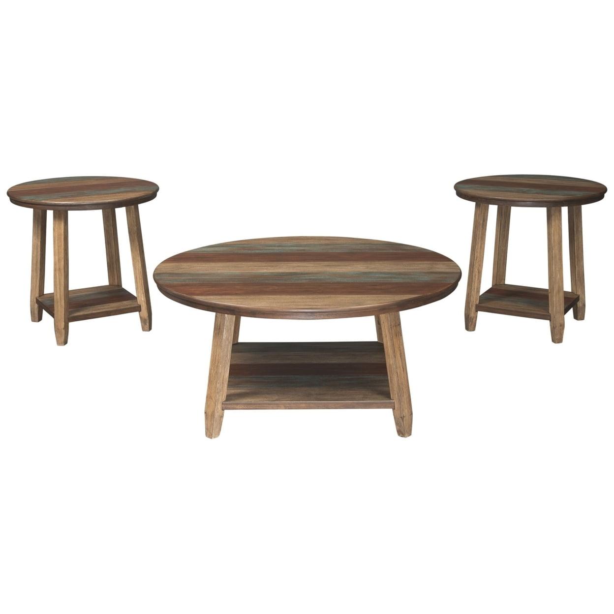 Rustic Brown Plank Style Round Cocktail and End Tables Set