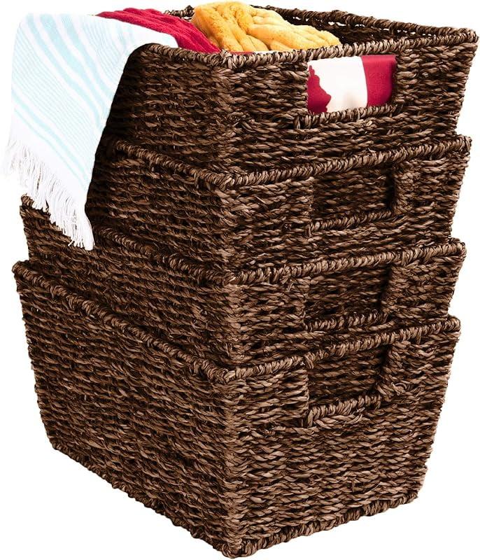 Rosecliff Heights 4 Multipurpose Stackable Seagrass Laundry Organizer Tote Baskets w/ Insert Handles