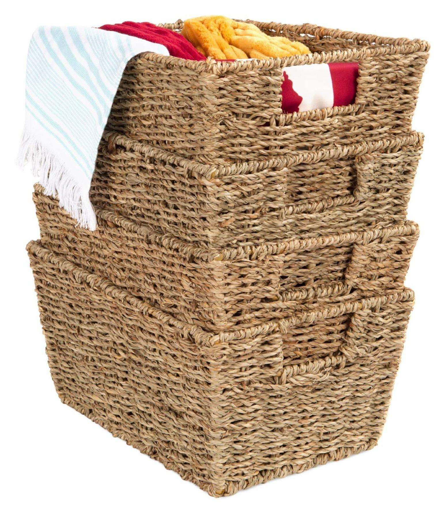 Best Choice Products Set of 4 Multipurpose Stackable Seagrass Storage Laundry Organizer Baskets w/ Handles