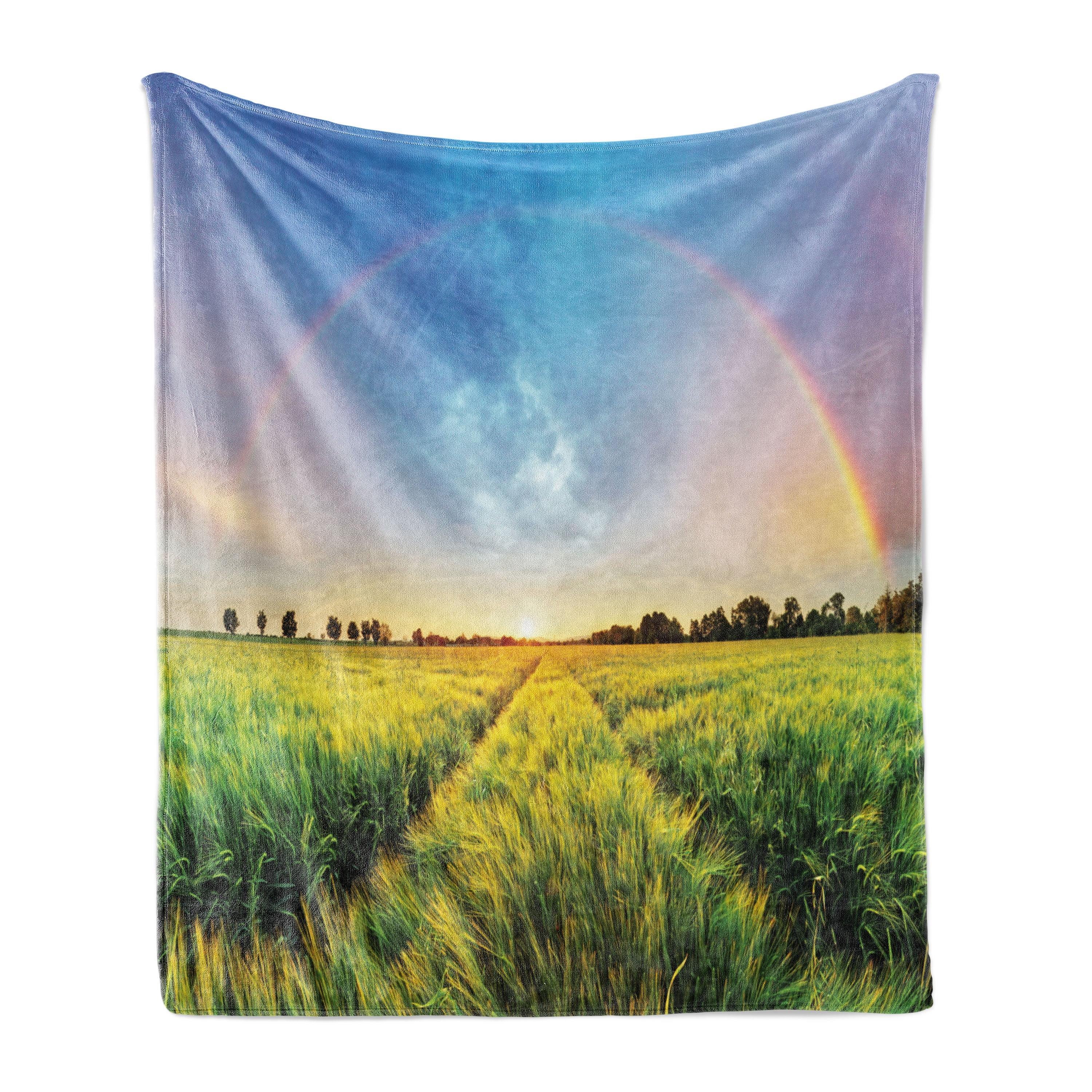 Green Yellow Fleece Throw Blanket with Rainbow and Wheat Field Design