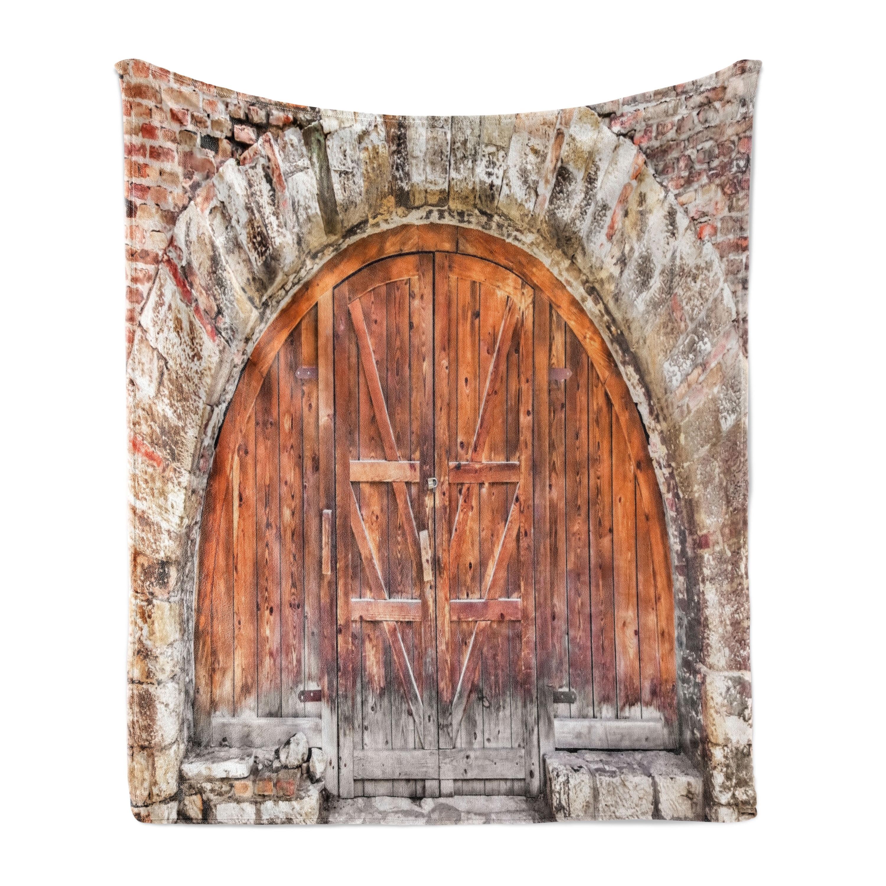 Ambesonne Ambesonne Rustic Fleece Throw Blanket Door Vintage Grey Orange