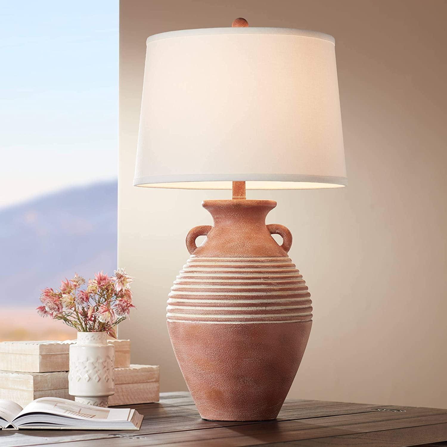 Rustic Red Sandstone Table Lamp with Linen Drum Shade