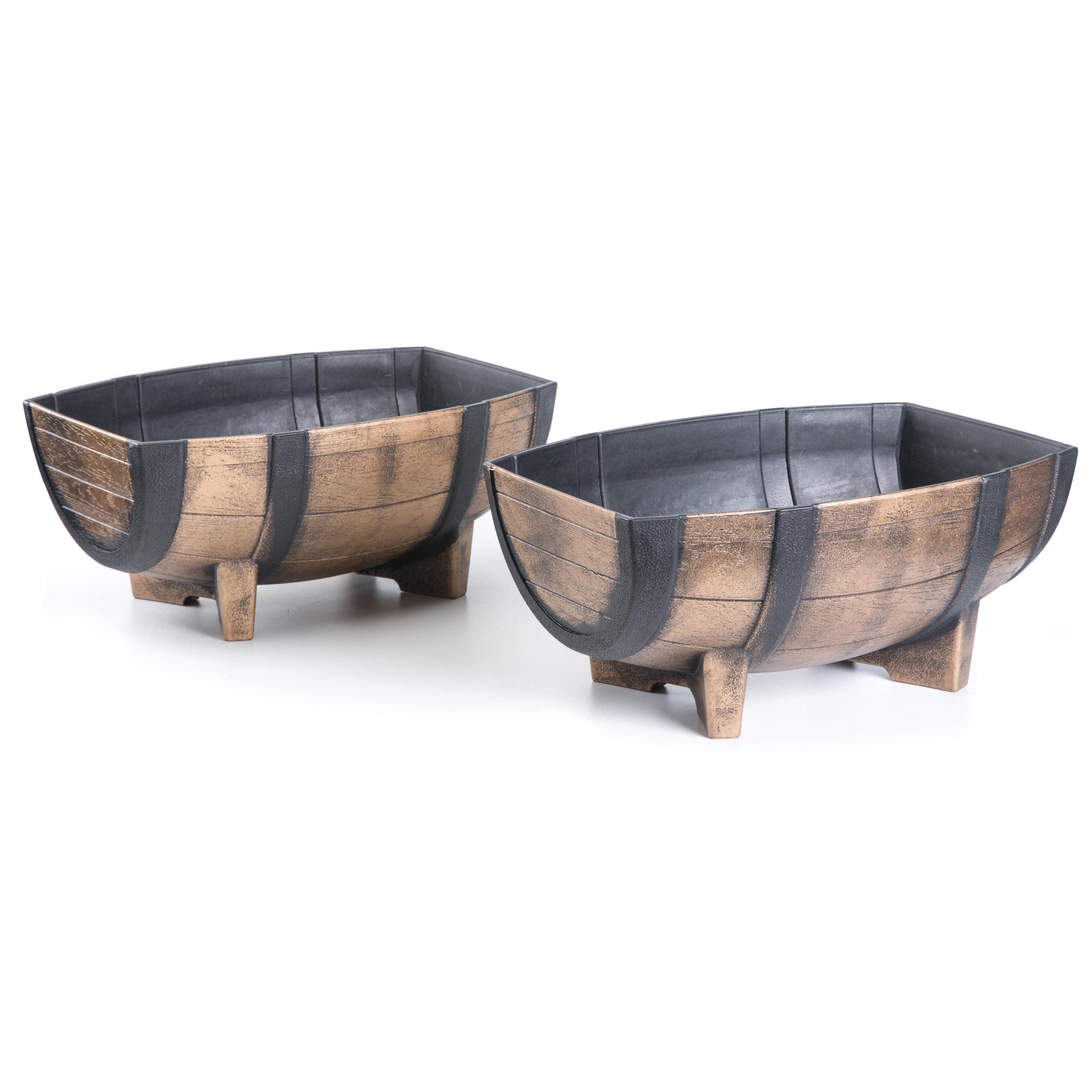 Gardenised Rustic Wood- Look Plastic Half Barrel Flower Pot Garden Planter, Pack of 2