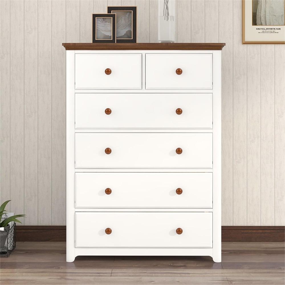 White and Walnut 6-Drawer Chest with Solid Wood Legs