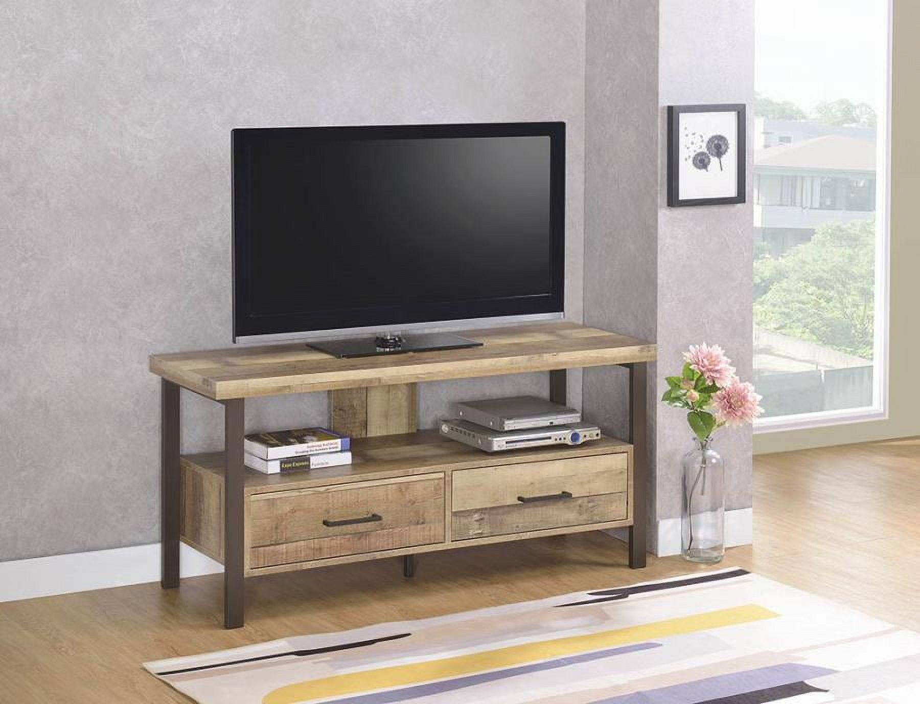 Transitional Weathered Pine TV Console with Black Legs and Storage Drawers