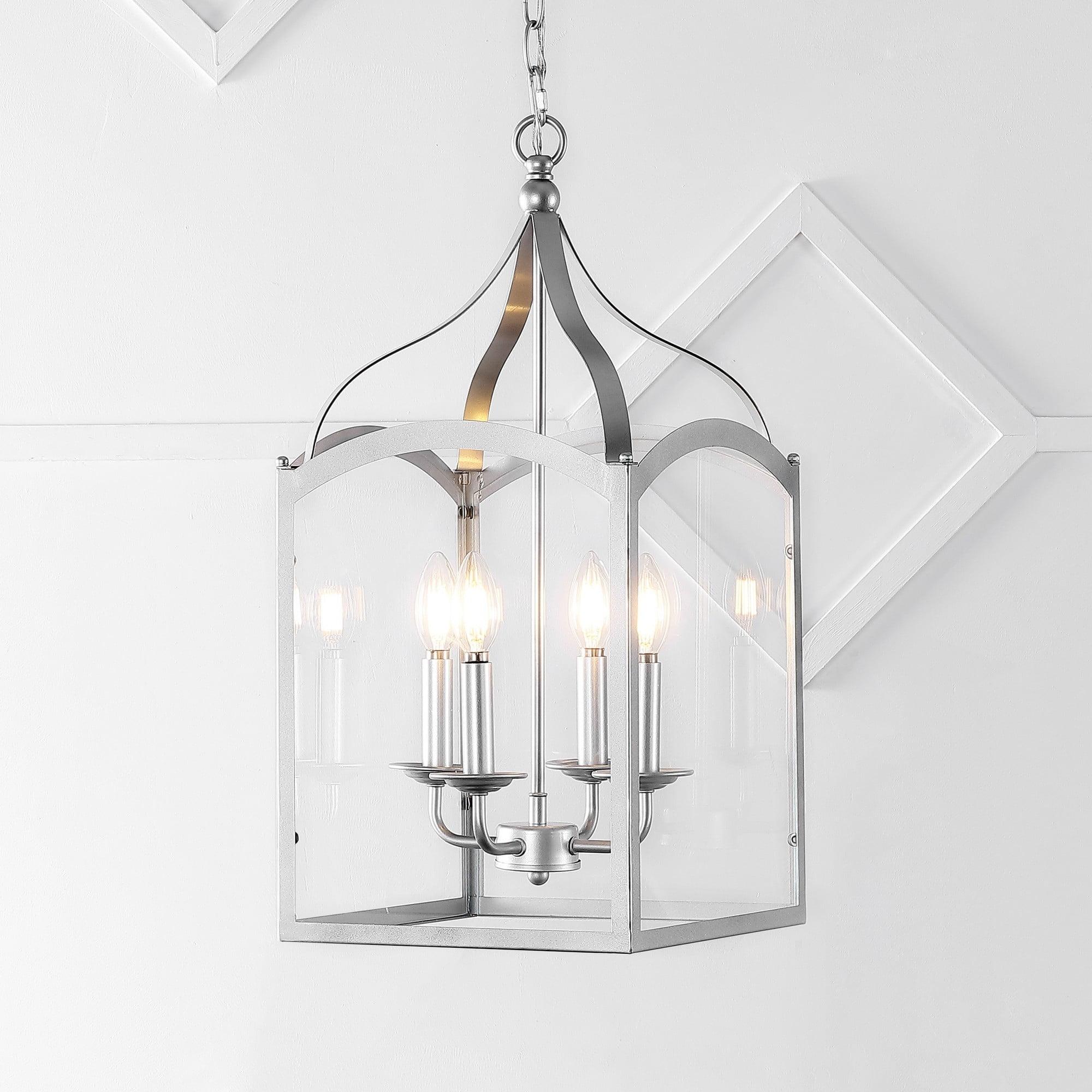 11" LED 4-light Ruth Classic Lantern Metal/Glass Pendant Silver - JONATHAN Y: ETL Listed, Adjustable Height