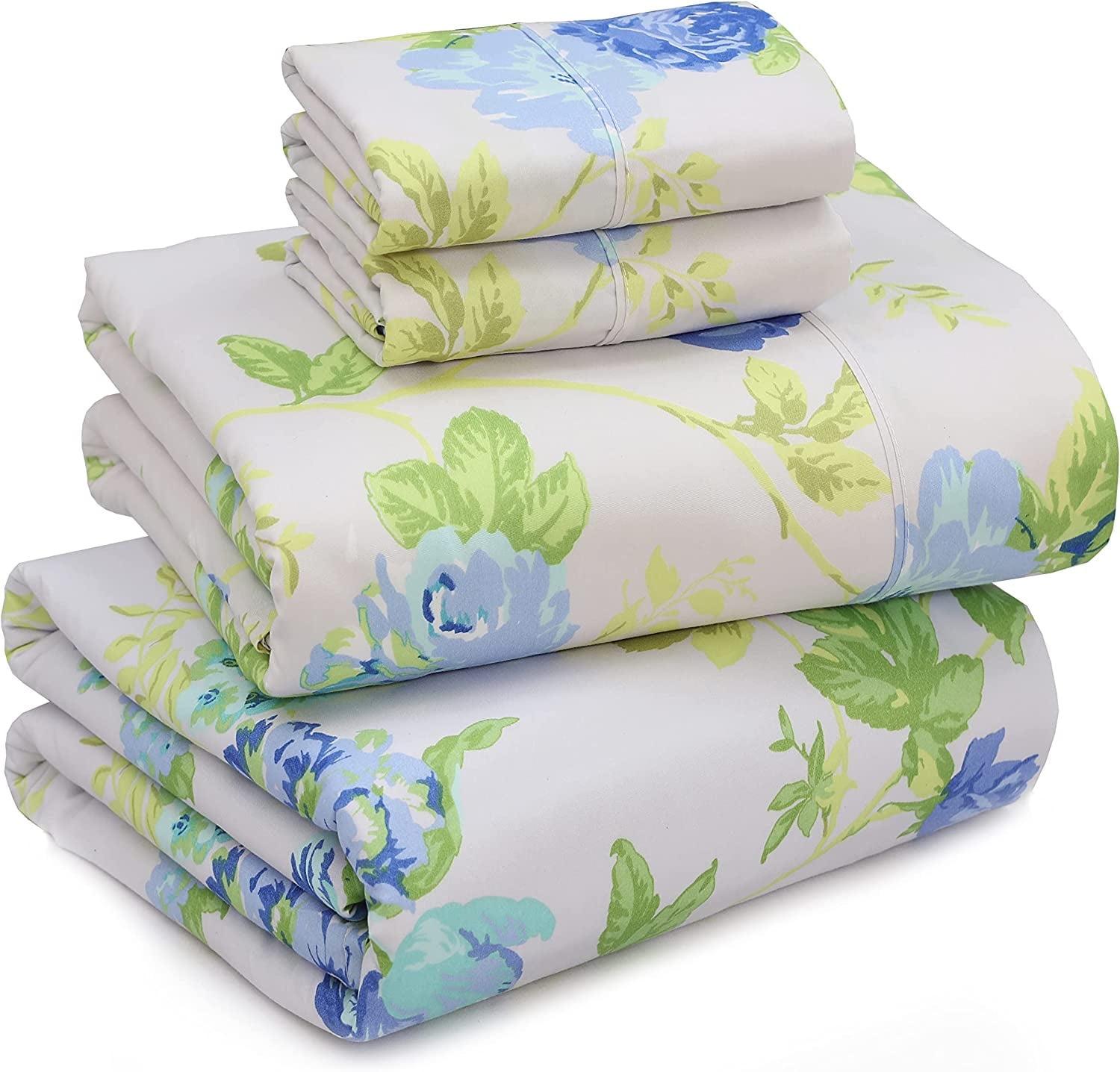 Queen Blue Floral Microfiber Deep Pocket Sheet Set