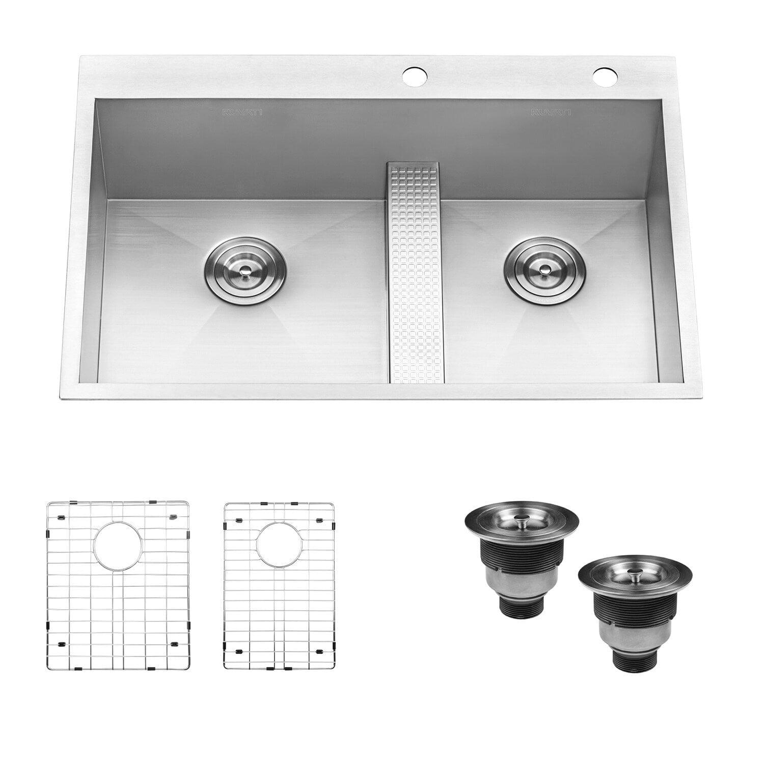 Ruvati 33-inch Drop-in Low Platform-Divide Zero Radius 60/40 Double BowlTopmount Kitchen Sink