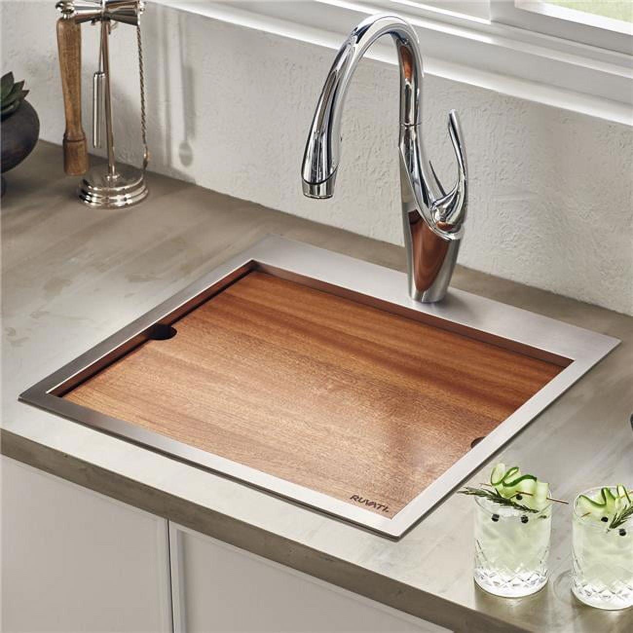 21" x 20" Stainless Steel Topmount Workstation Sink with Sapele Wood Cutting Board