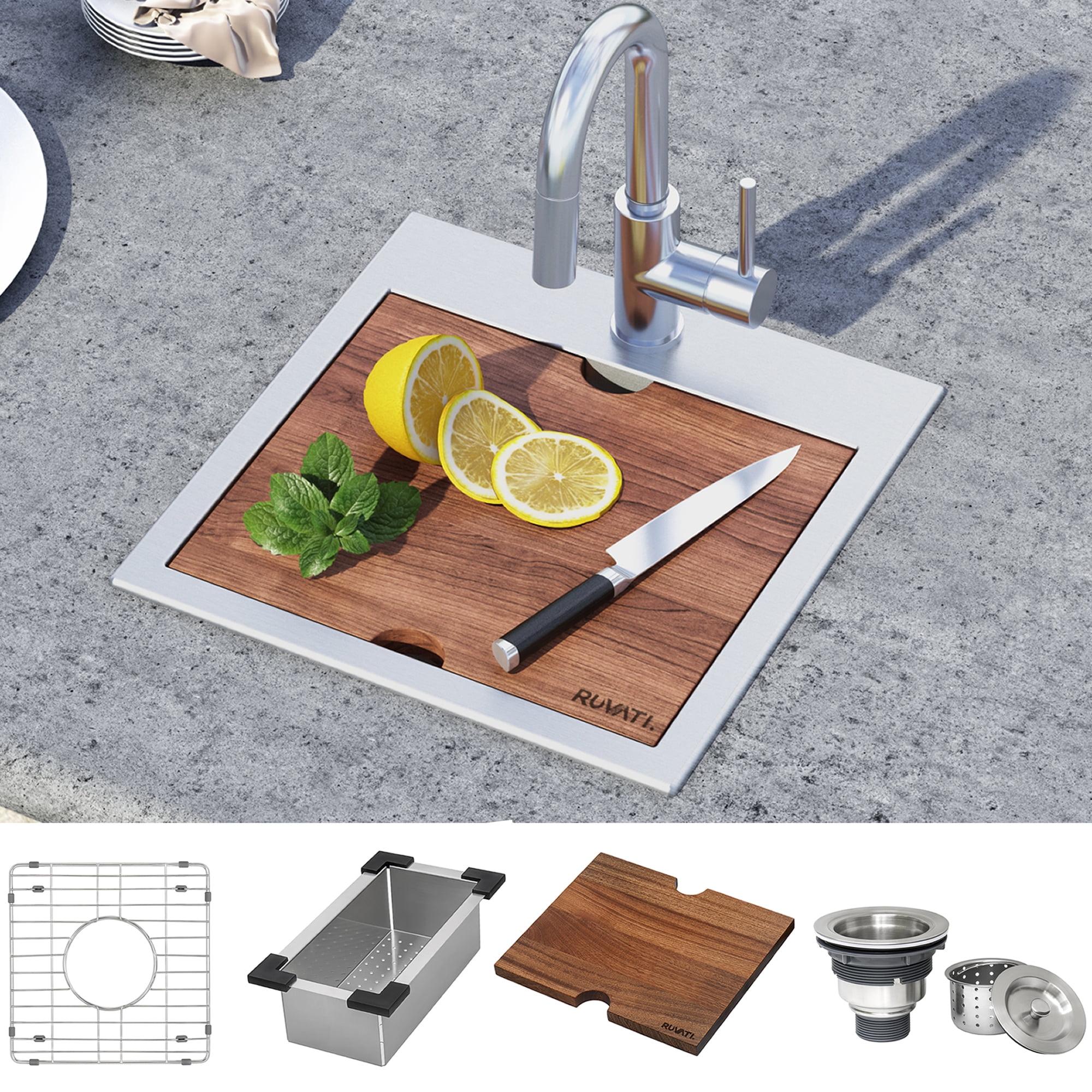 Ruvati 15'' Stainless Steel Workstation Sink with Sapele Wood Cutting Board