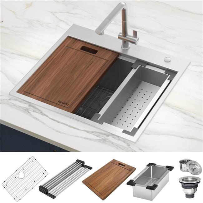 Ruvati 25 x 22 inch Workstation Topmount Stainless Steel Rounded Corners Ledge Kitchen Sink