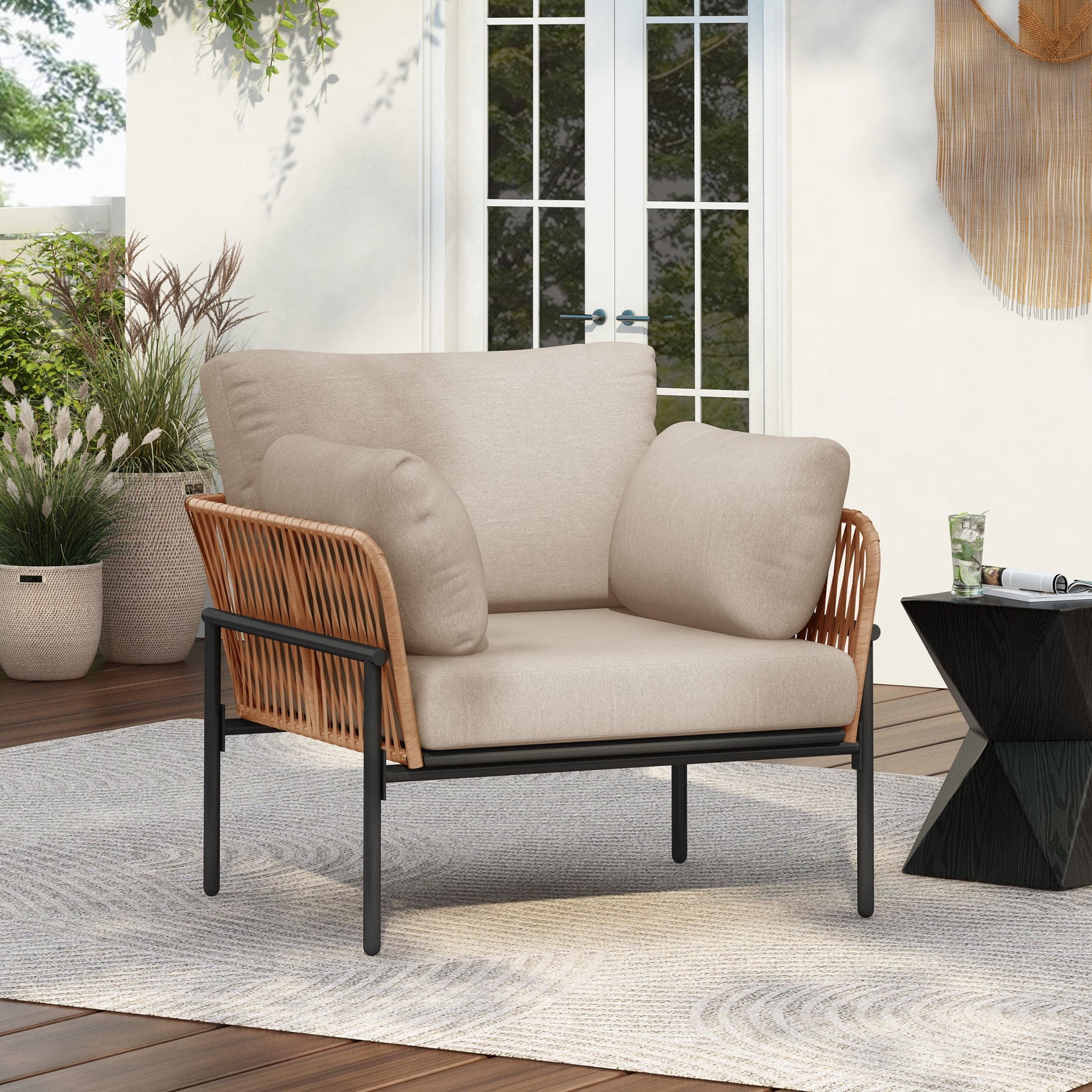 Christopher Knight Home Alma 36" Outdoor Rattan Weave Iron Club Chair with Plush Cushions, Natural