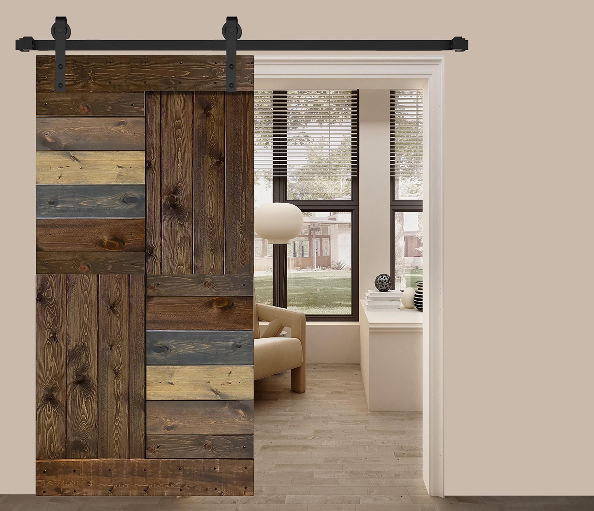 Mr. Wood K style Paneled Solid Core Wood Double Sliding Barn Door with Hardware Kit (Set of 2) - Assembly Needed