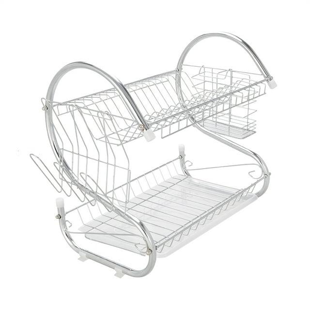 Silver 2-Tier Stainless Steel Dish Drying Rack with Utensil Cup