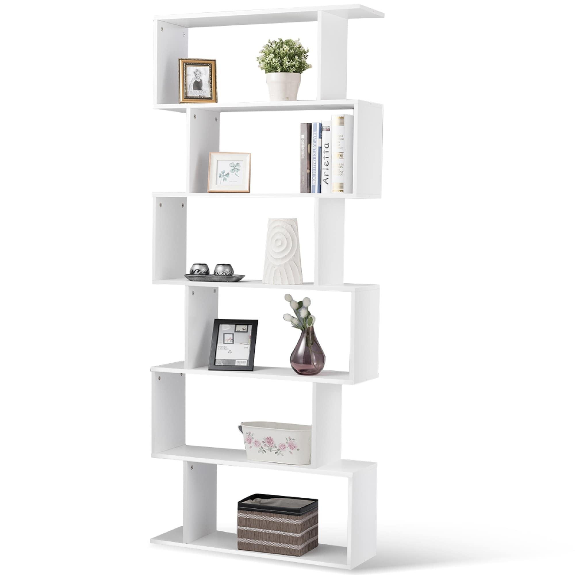 White Geometric S-Shaped 6-Tier Wooden Bookcase