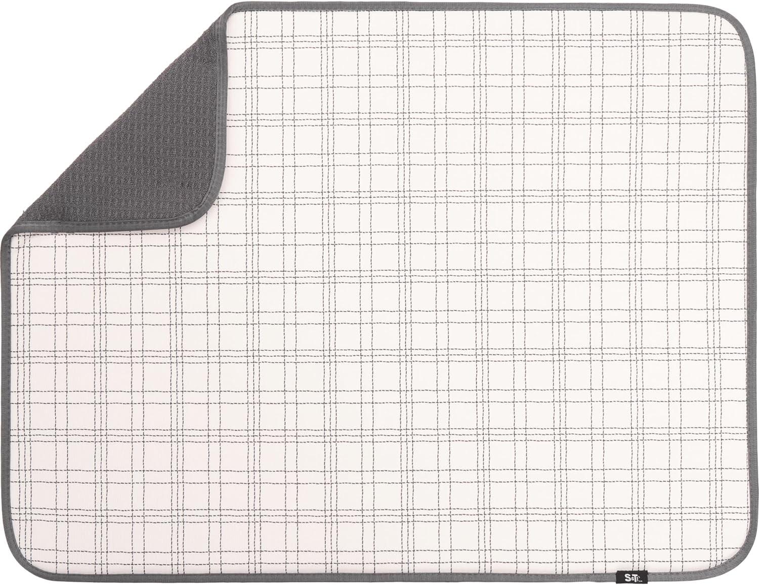 S&T INC. Dish Drying Mat for Kitchen, Absorbent, Reversible XL Microfiber Dish Mat, 18 Inch x 24 Inch, Stitched Plaid