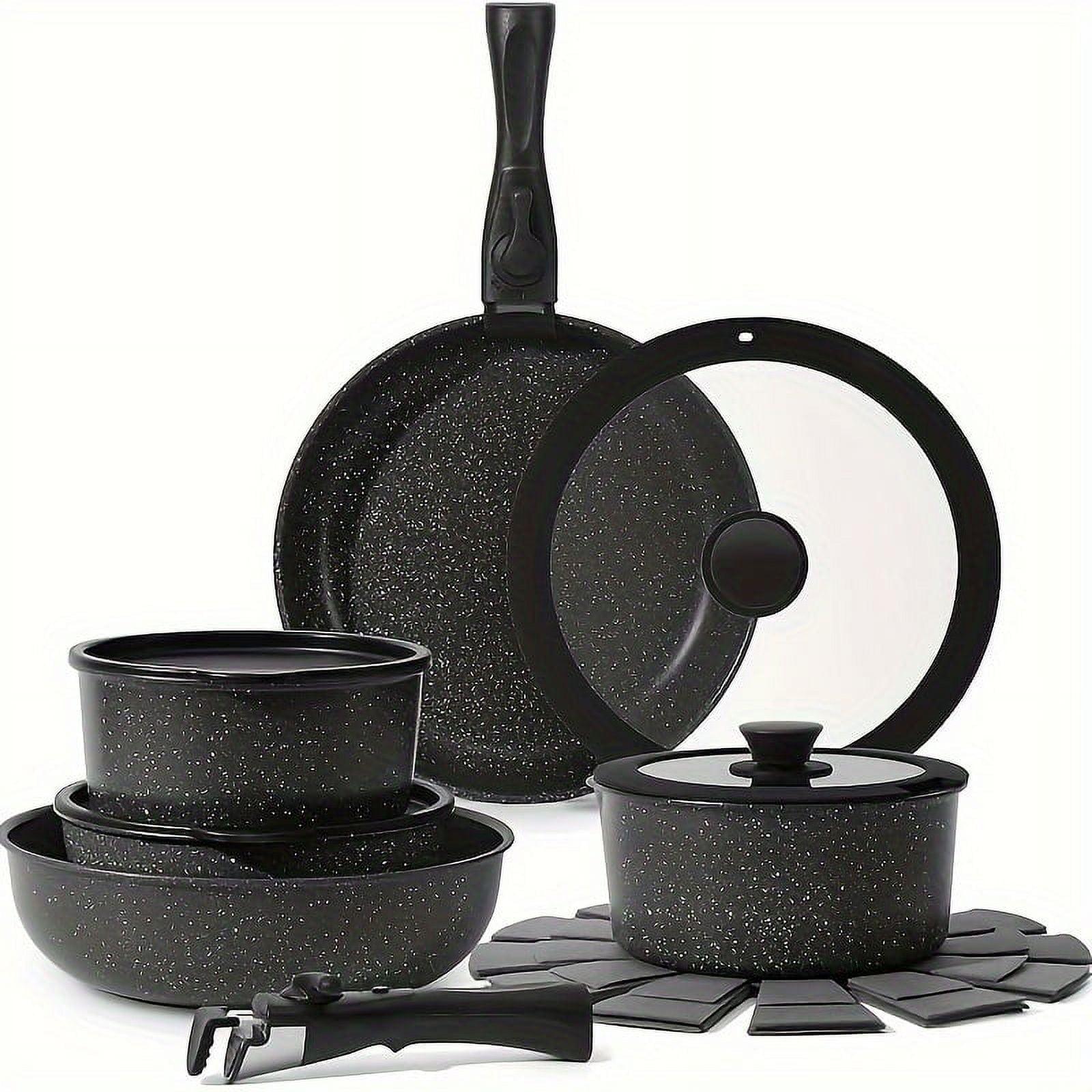 Black Aluminum 15-Piece Nonstick Cookware Set with Detachable Handle