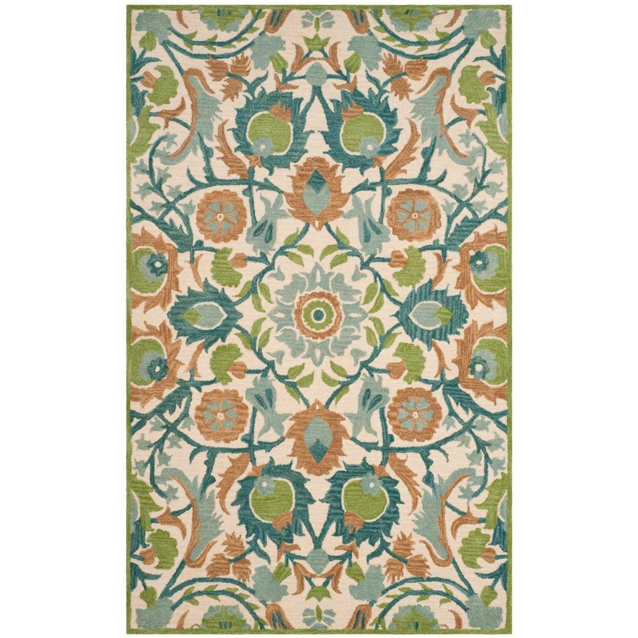 Ivory and Green Hand Tufted Wool Floral Rug