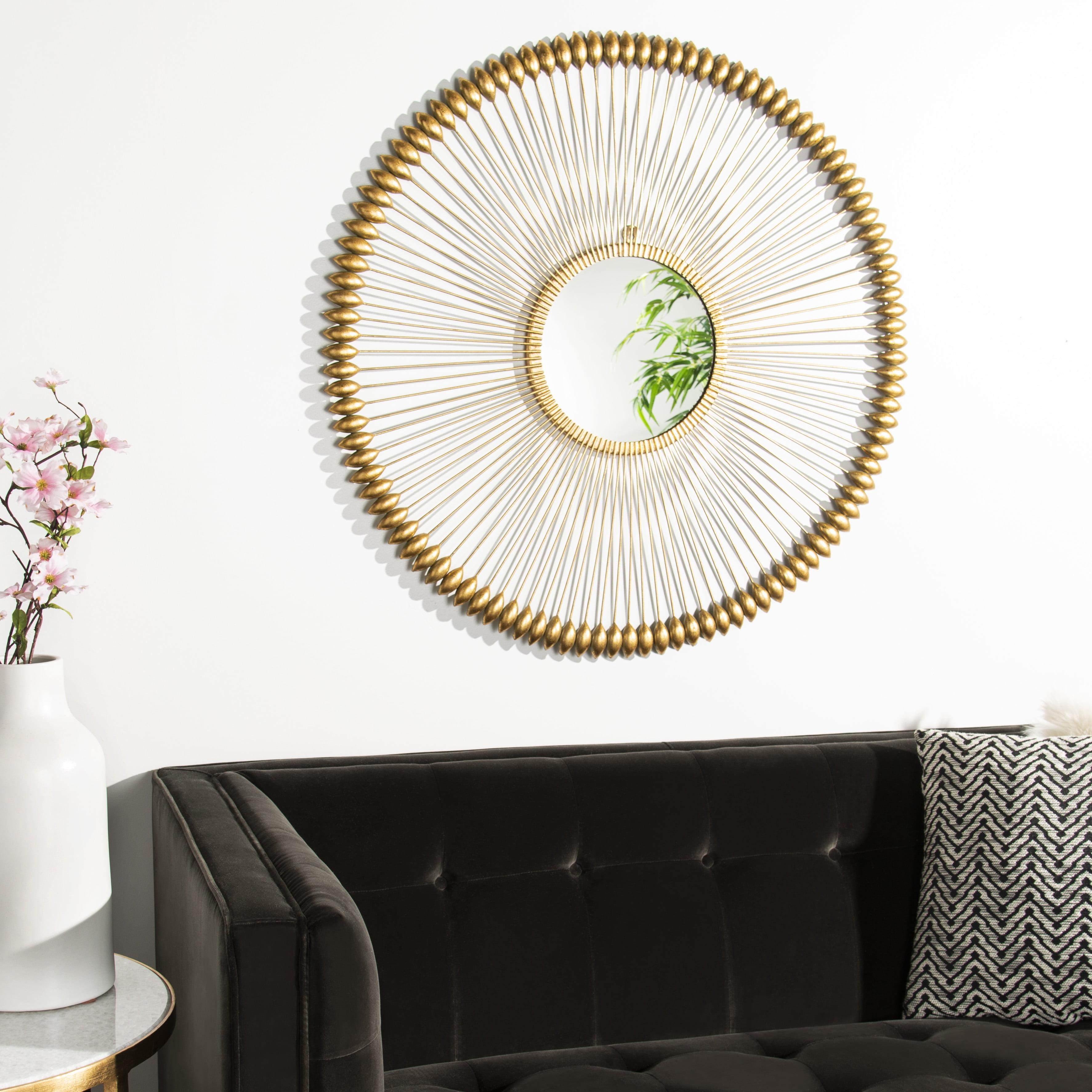 Contemporary Gold Foil Round Wood Sunburst Mirror 36.5"