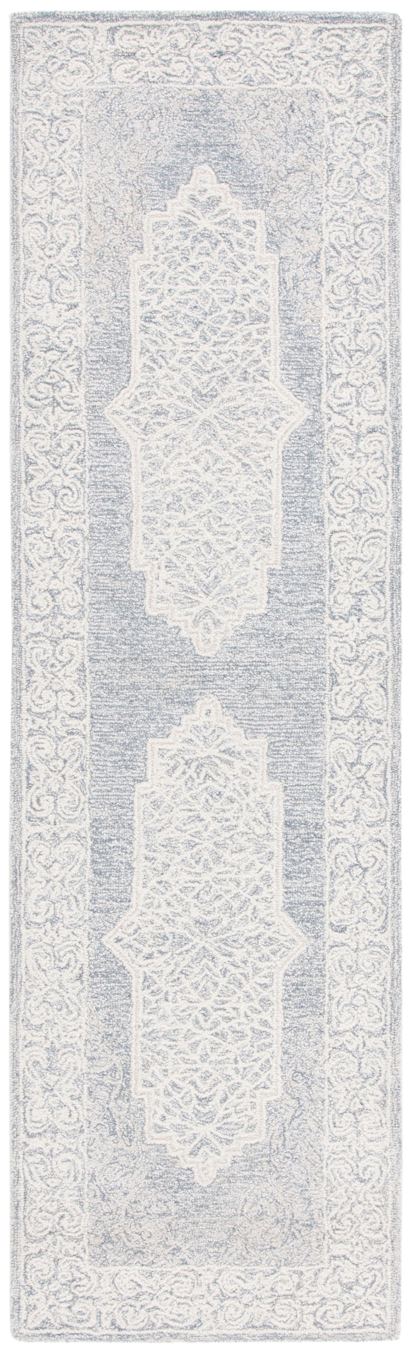 Ivory and Blue Abstract Handmade Wool Runner Rug