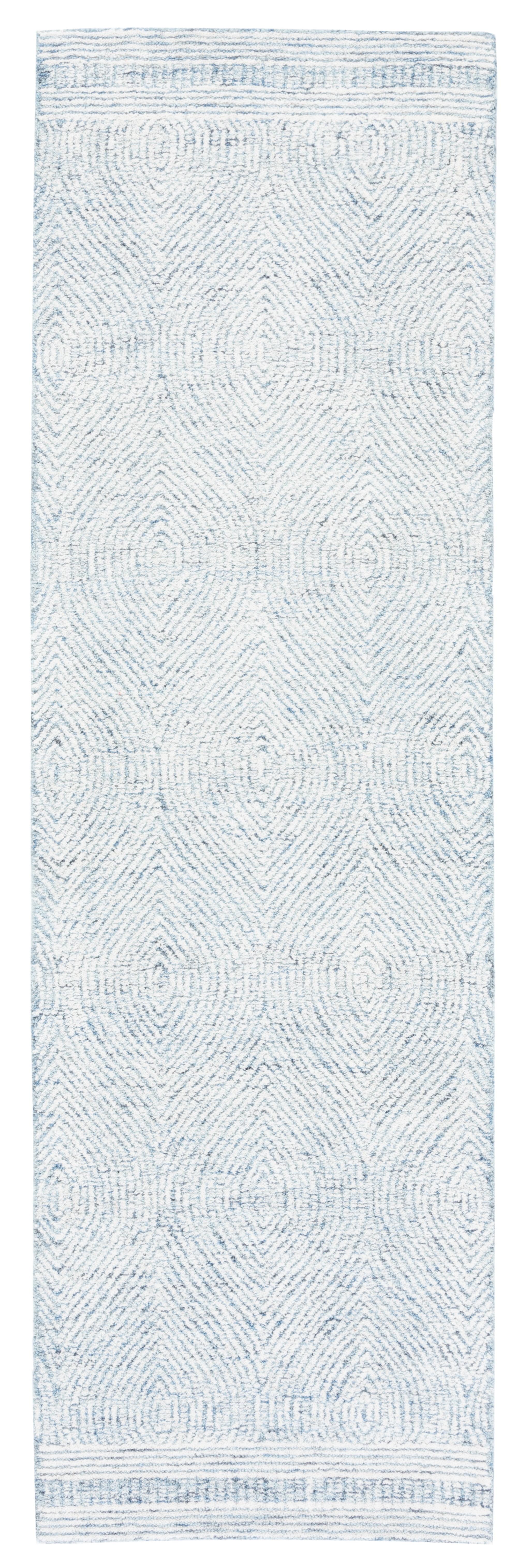 Ivory and Blue Handmade Tufted Wool Abstract Rug, 2'3" x 16'