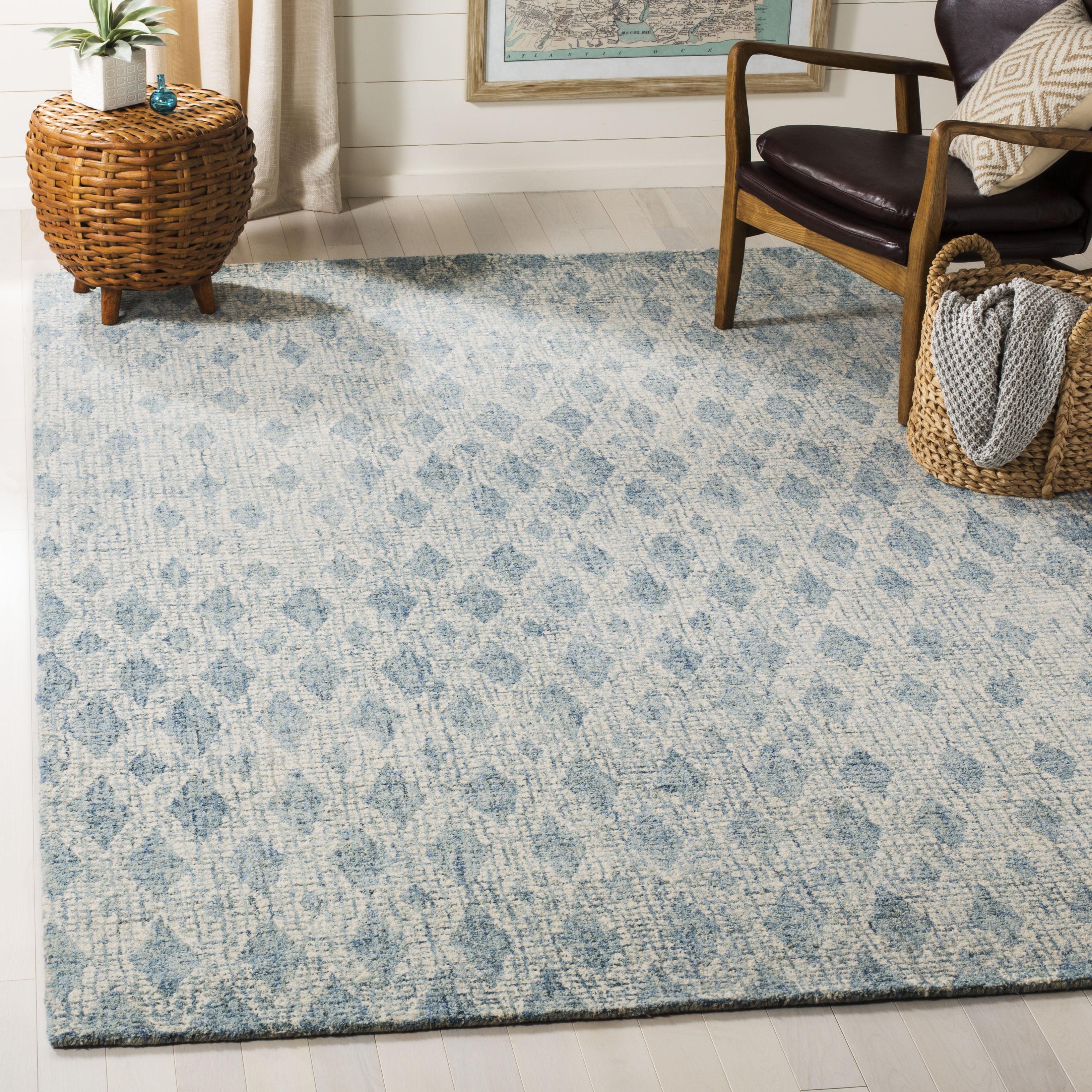 Handmade Abstract Blue Wool Rectangular Rug, 9' x 12'