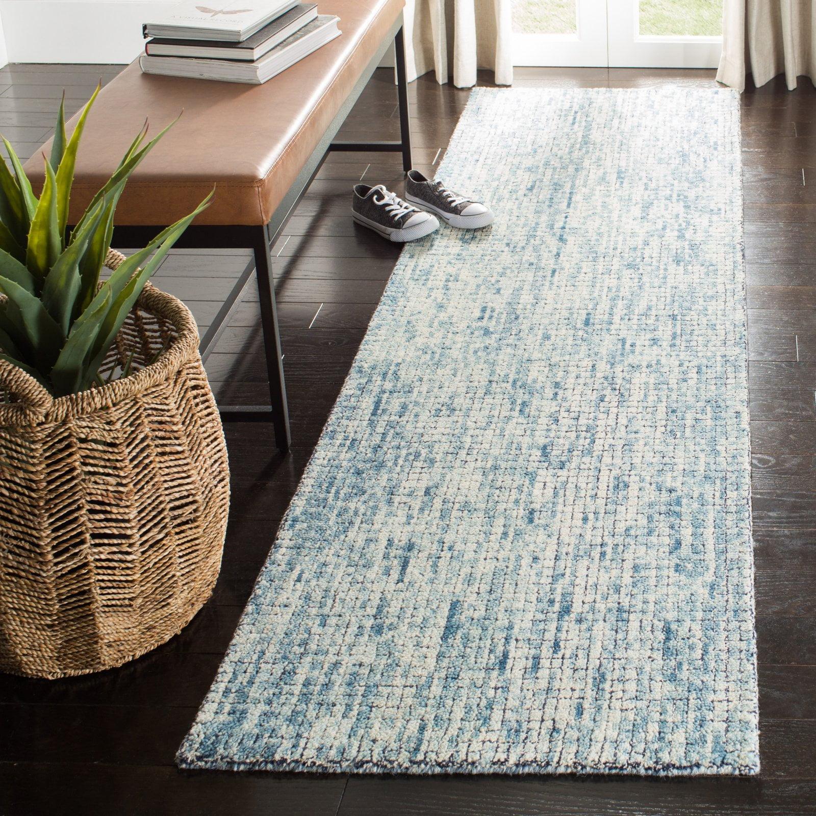 Ivory and Navy Abstract Handmade Wool Runner Rug