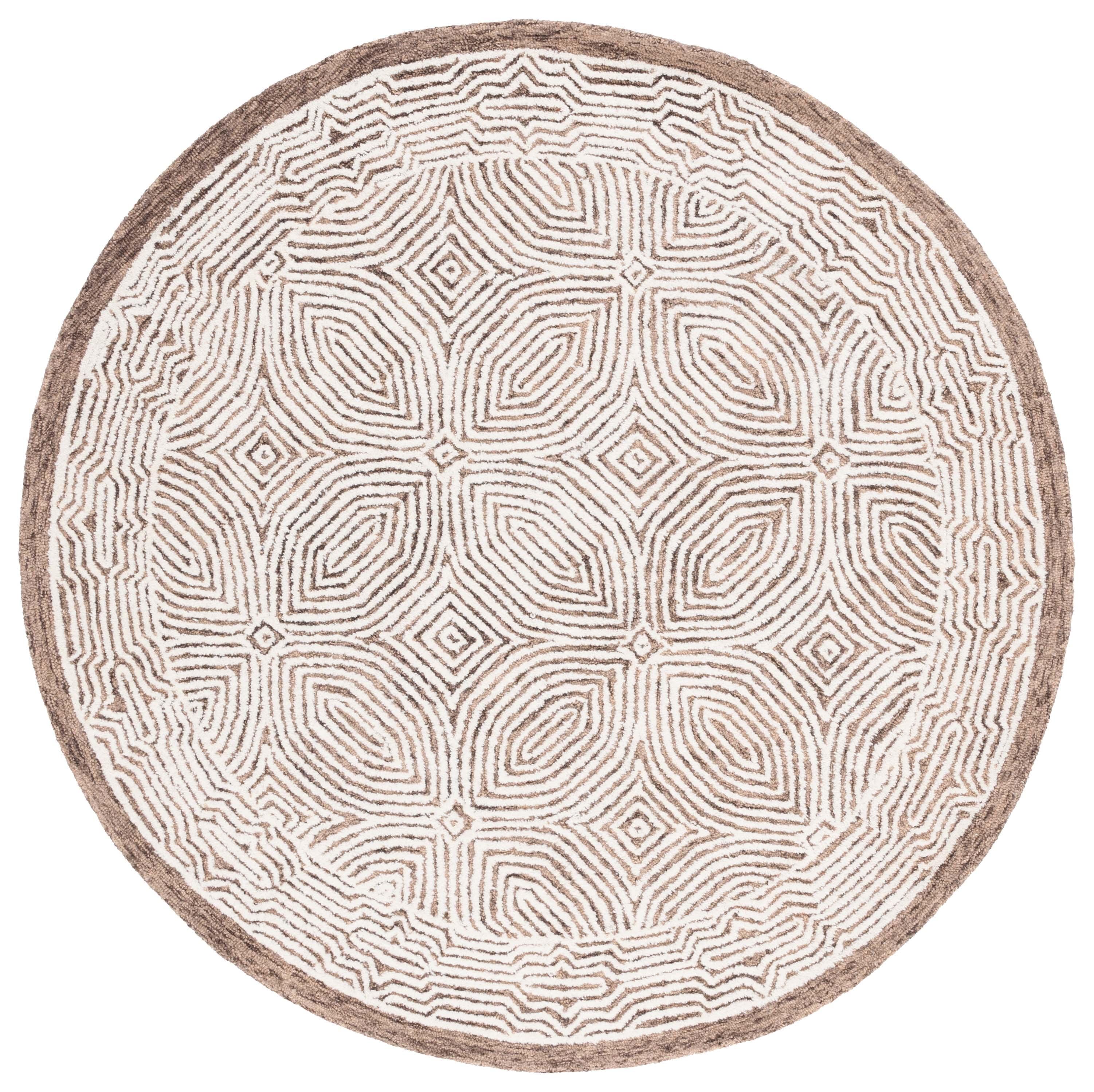 Ivory and Beige Round Tufted Wool Abstract Rug, 6'