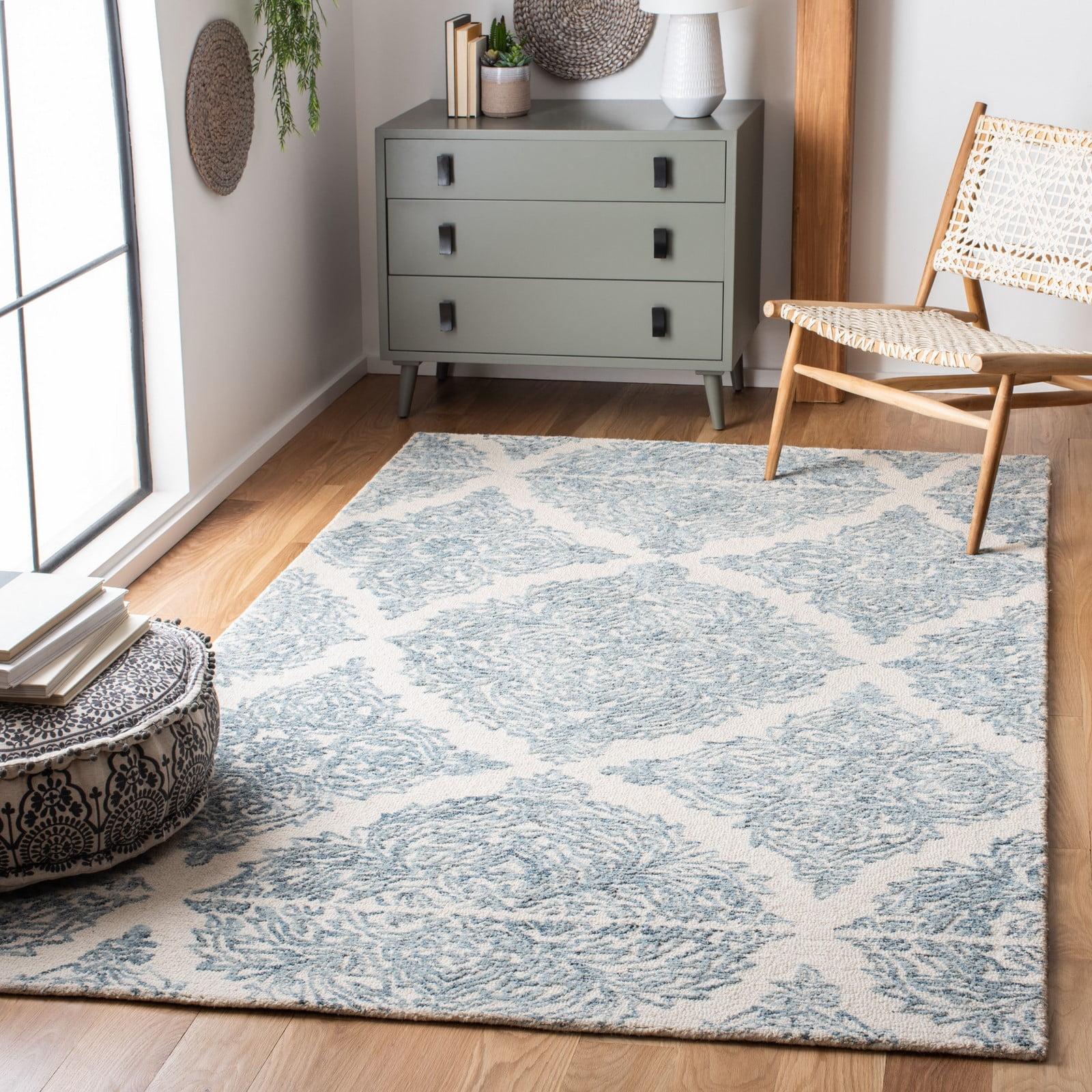 Ivory and Blue Handmade Tufted Wool Abstract Rug