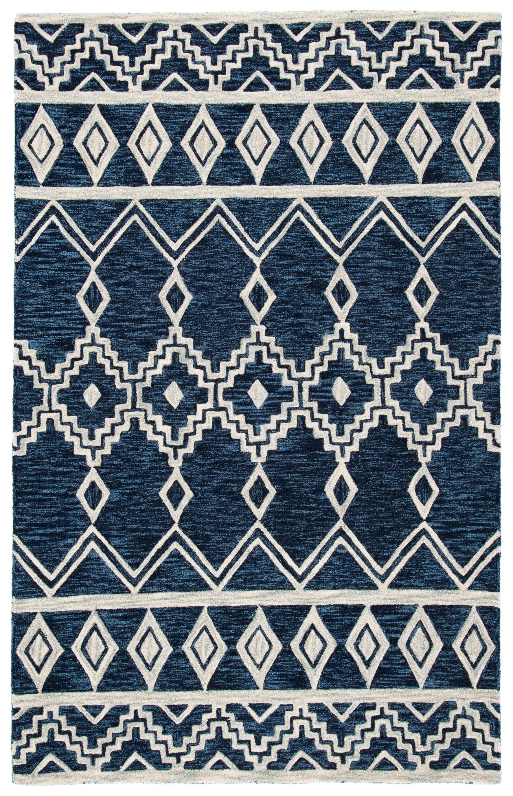 Ivory and Navy Tufted Wool Abstract Square Rug