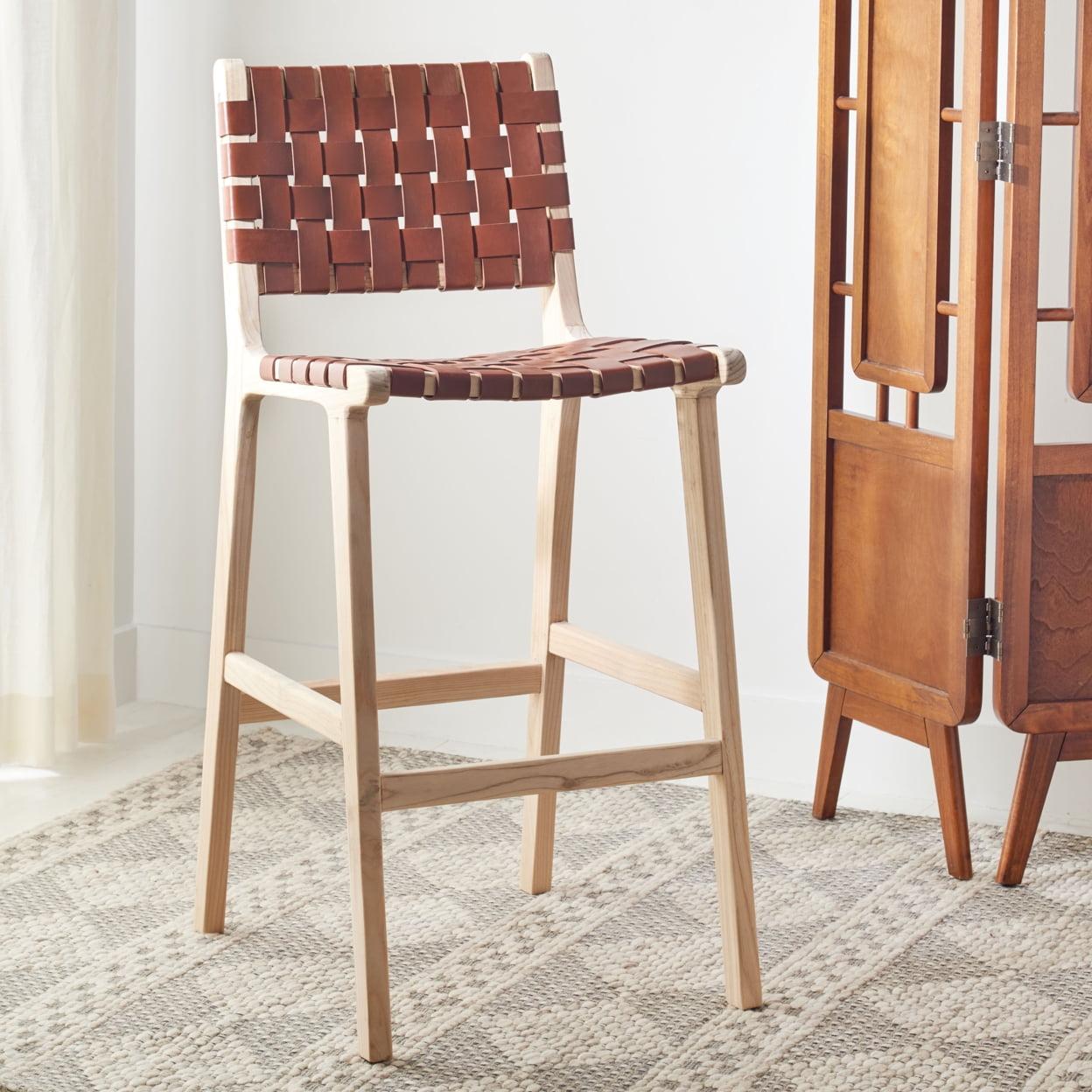 Contemporary Coastal Cognac Leather Bar Stool with Natural Wood Frame