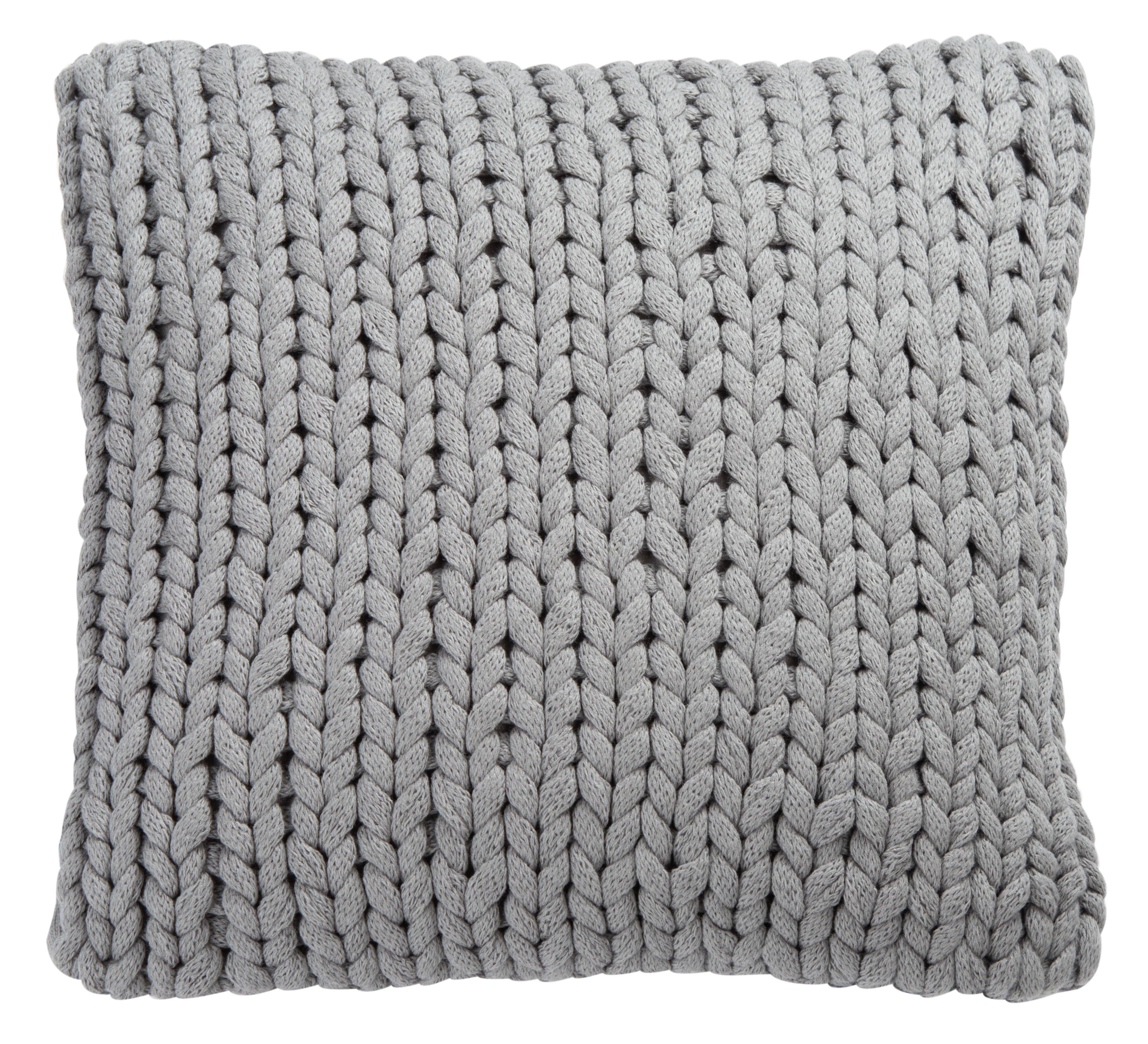 Gray Knit Square Decorative Accent Pillow with Braided Embellishment