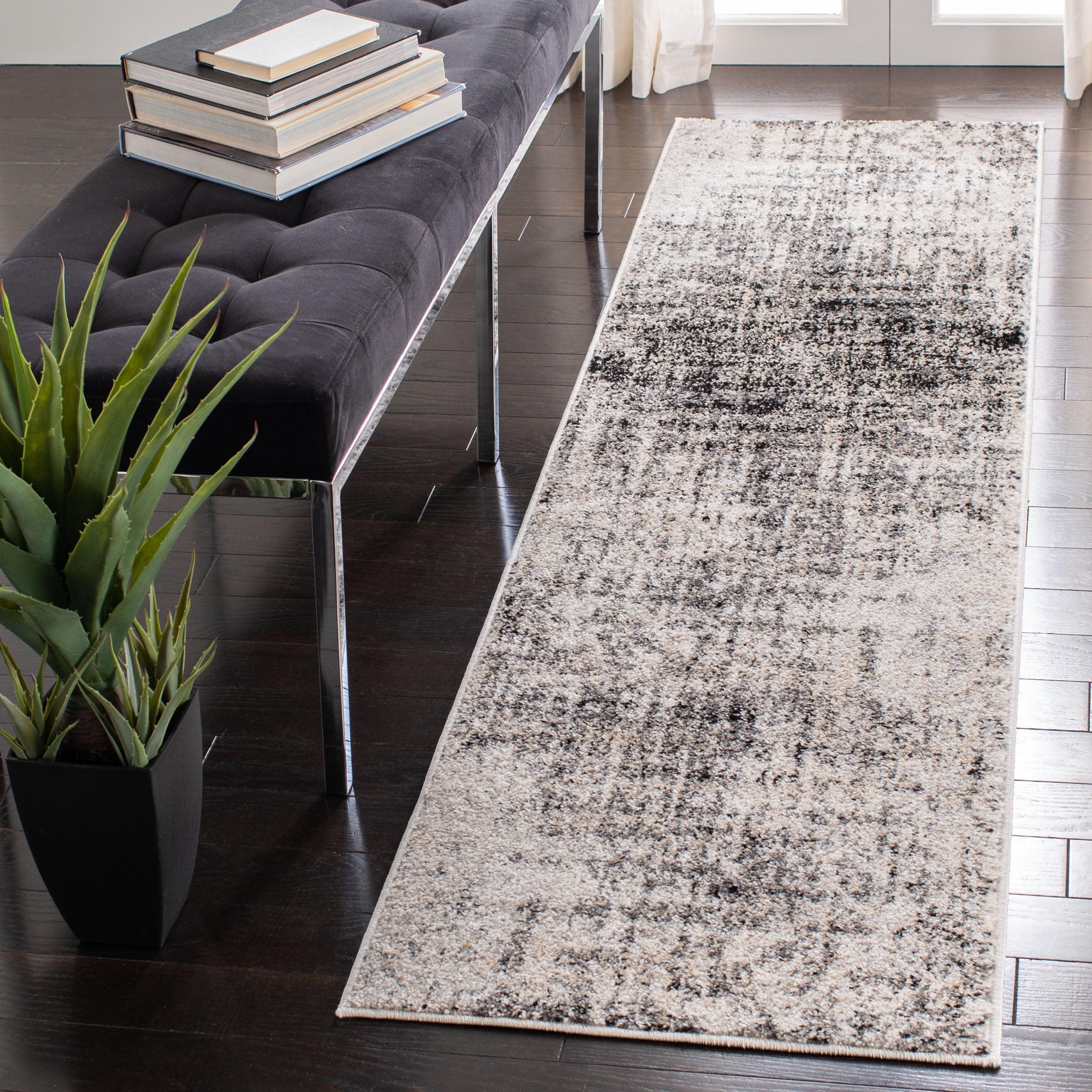 Silver and Black Synthetic Hand-Knotted Runner Rug