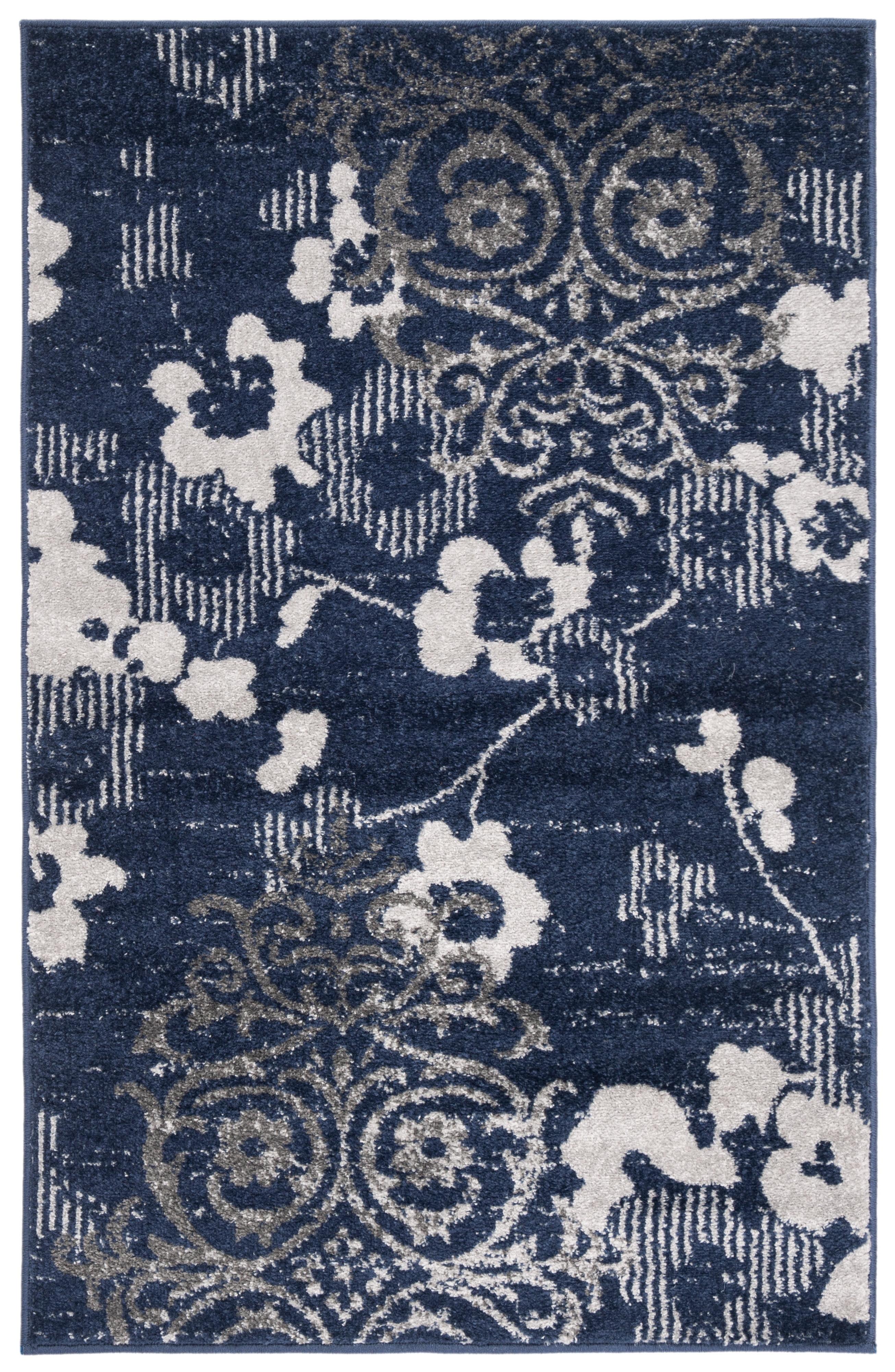 Navy and Silver Floral Synthetic Easy Care Area Rug, 2'6" x 4'