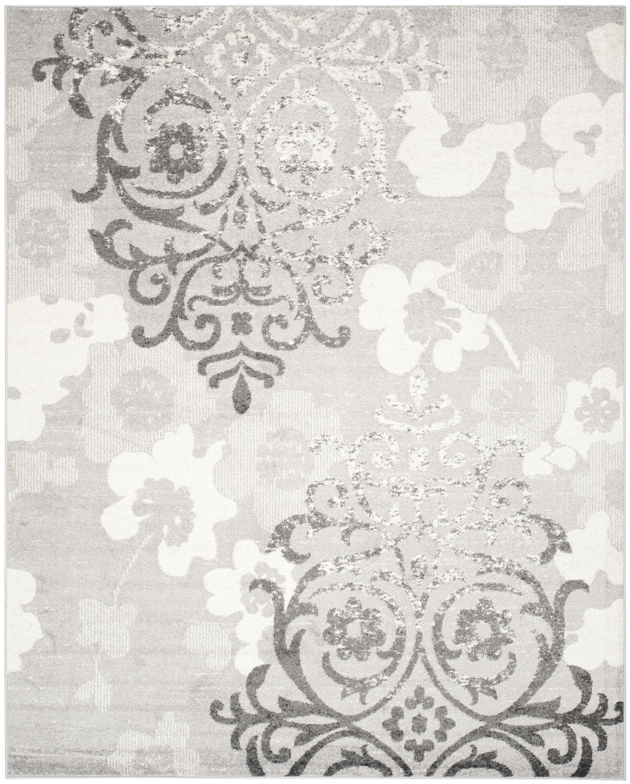 Silver and Ivory Floral Synthetic Area Rug, 8' x 10'