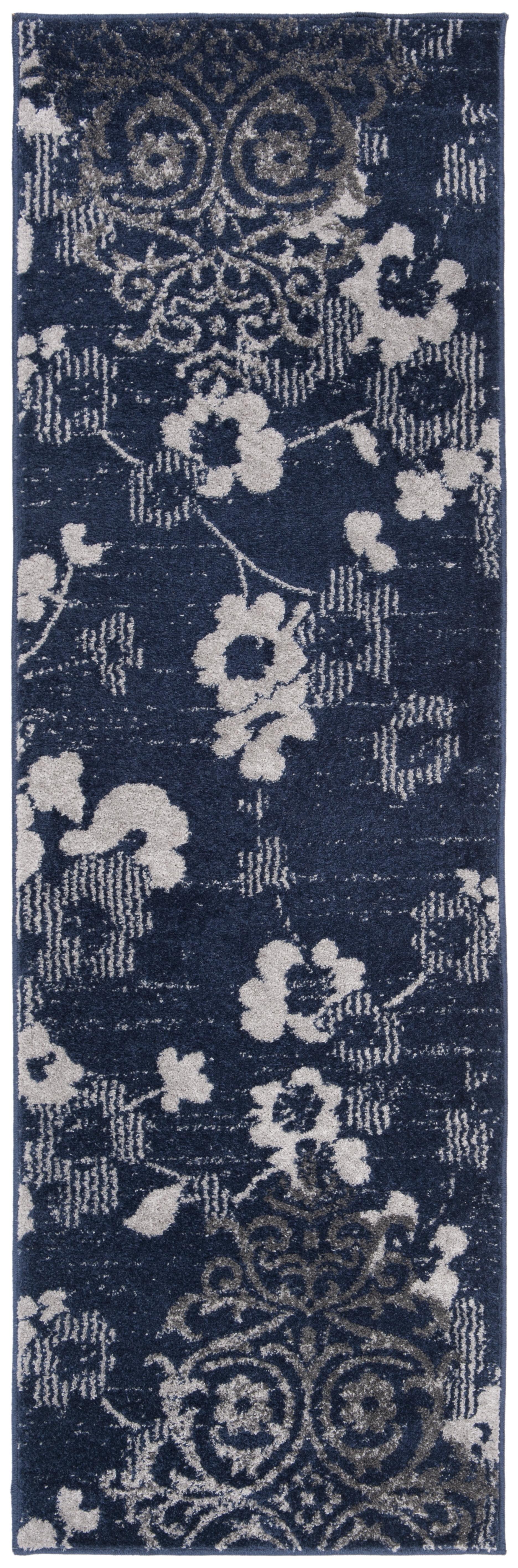 Chic Navy and Silver Synthetic 2'6" x 12' Floral Runner Rug