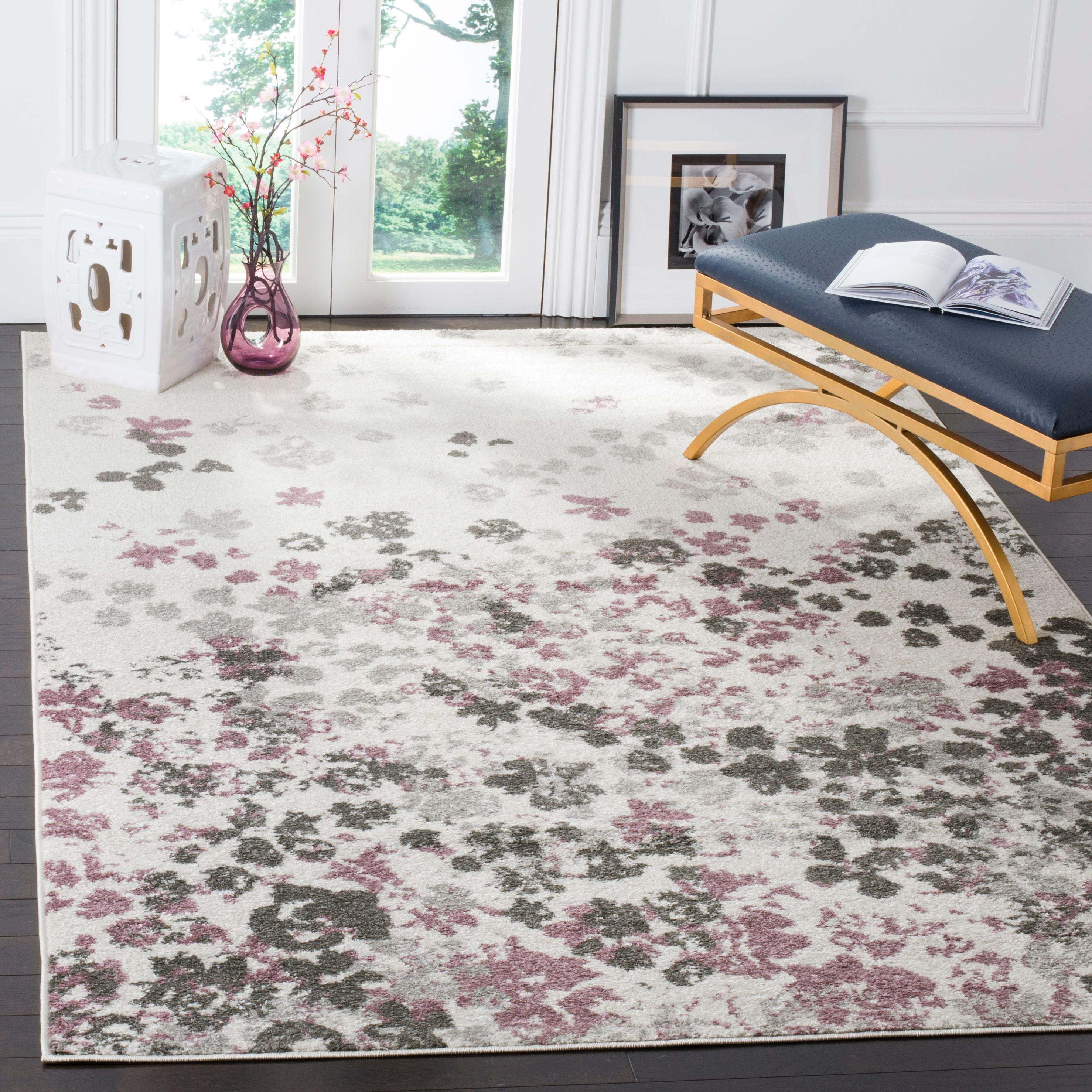 Ivory and Purple Floral Synthetic Area Rug, 6' x 9'