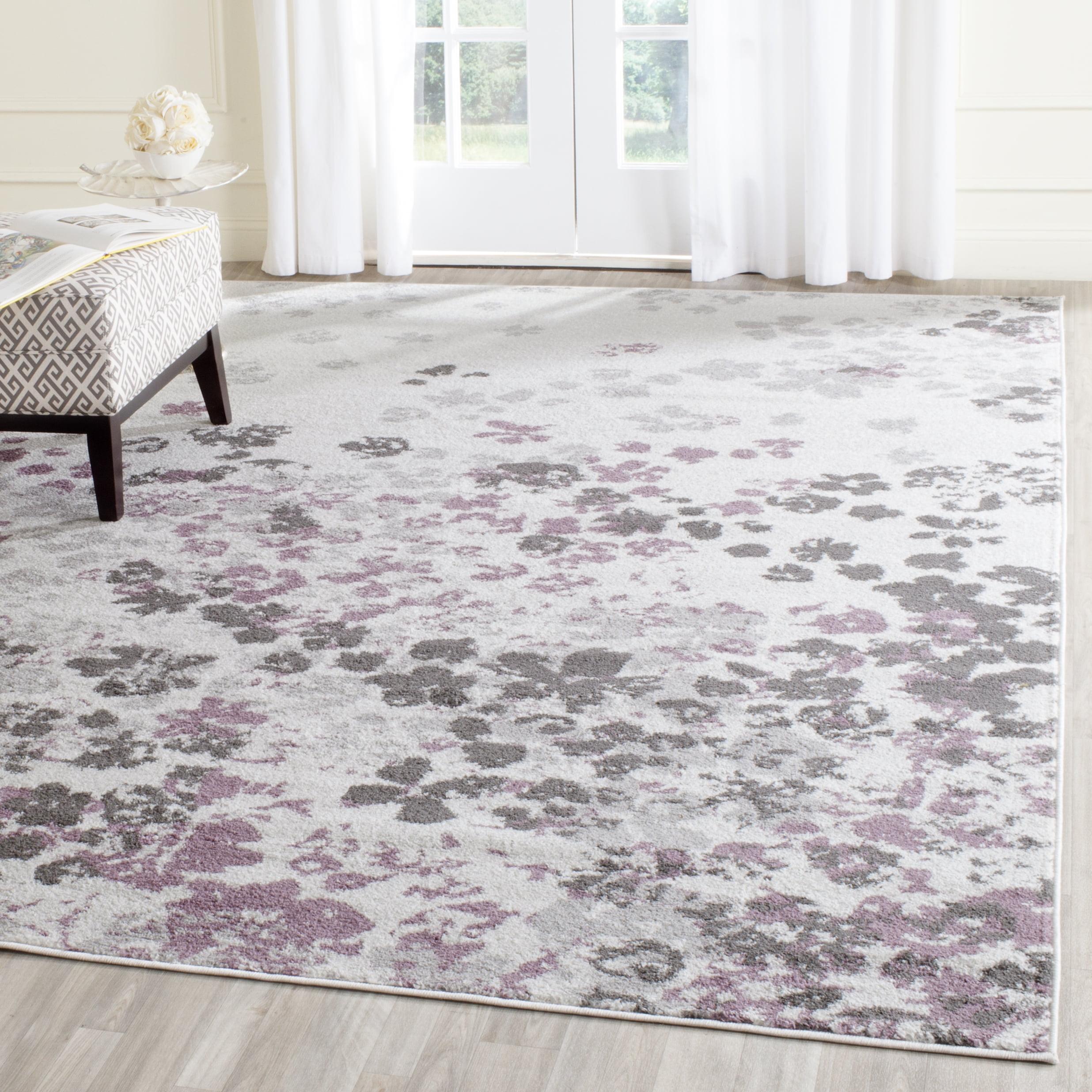 Ivory and Purple Floral Synthetic 8' x 10' Area Rug